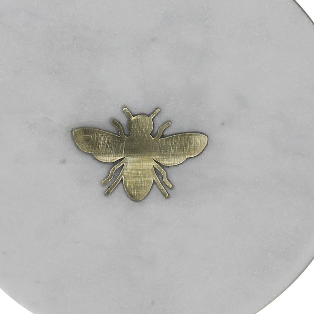 6" White And Gold Bumble Bee Inlaid Marble Serving Tray