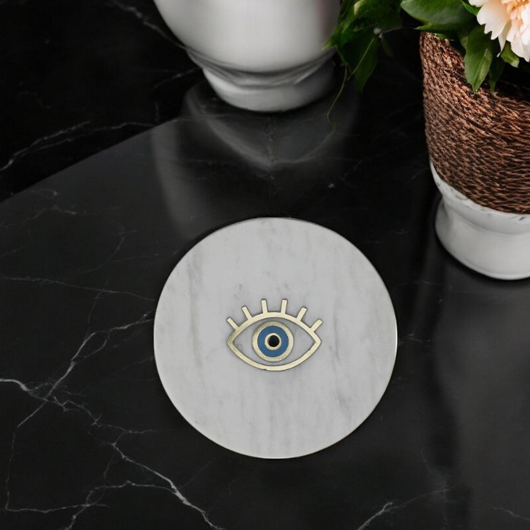 6" White and Gold Round Marble Indoor Outdoor Handmade Serving Tray