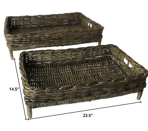 Set of Two Brown Rattan Trays