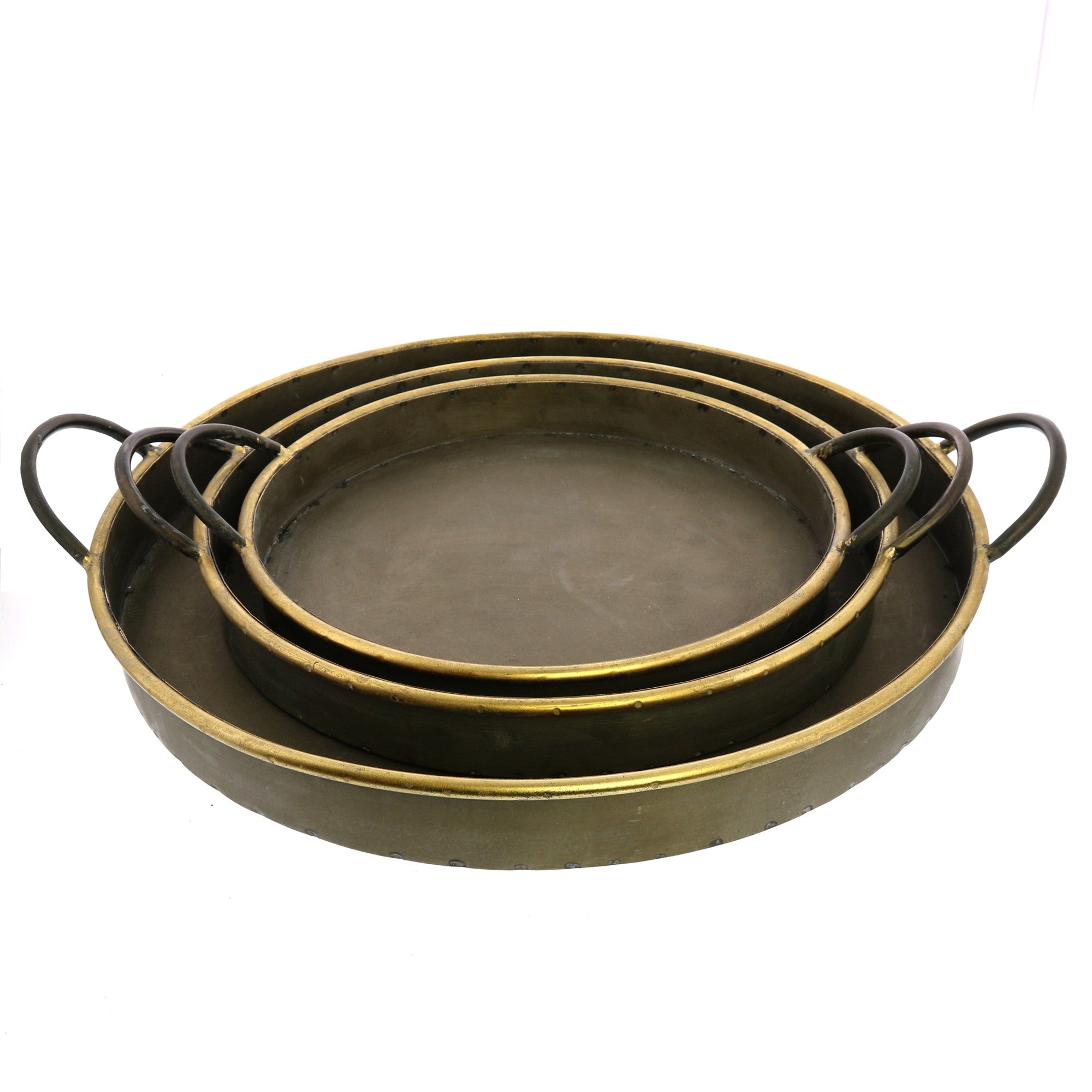 Set of Three Gray and Gold Round Tin Indoor Outdoor Serving Tray With Handles