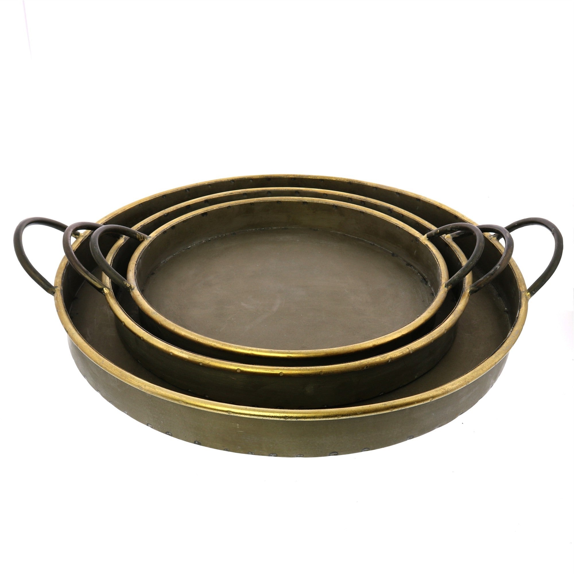 Set of Three Gray and Gold Round Tin Indoor Outdoor Serving Tray With Handles