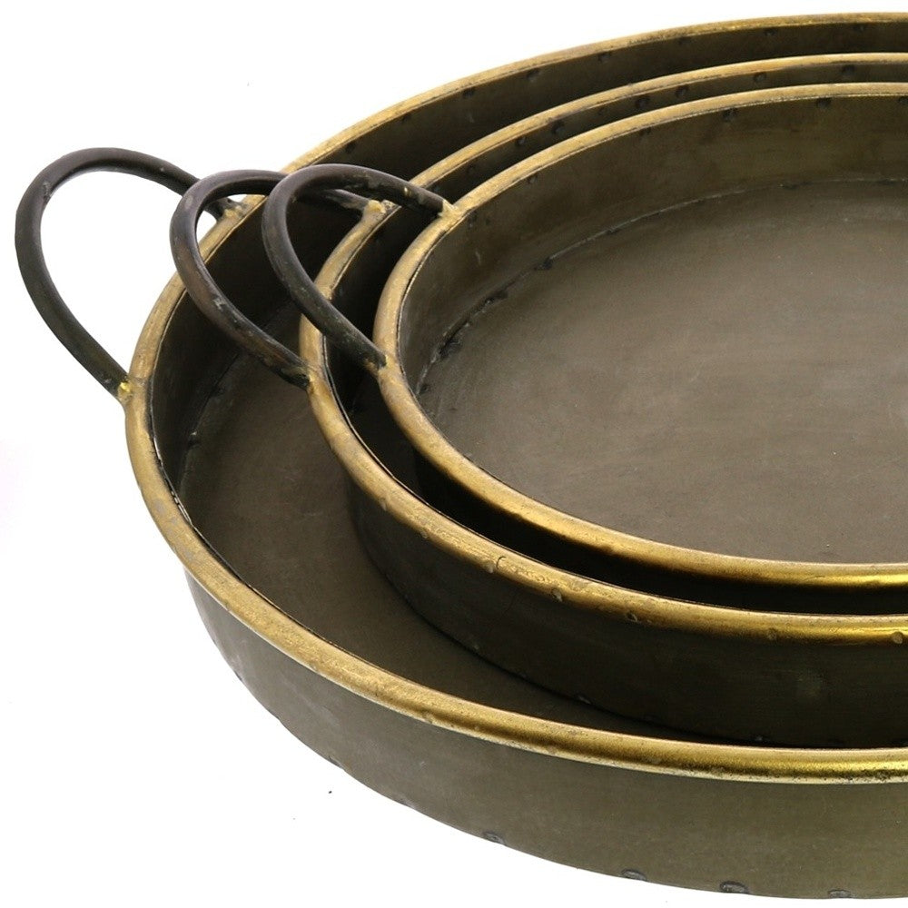 Set of Three Gray and Gold Round Tin Indoor Outdoor Serving Tray With Handles