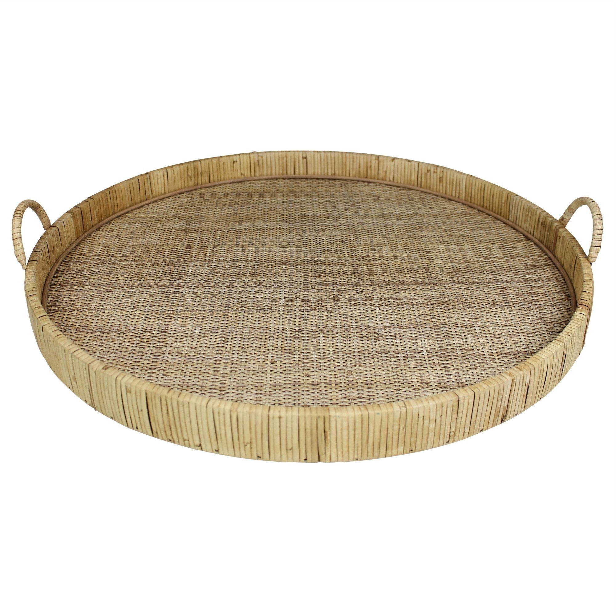 24" Natural Round Earthenware Indoor Outdoor Tray With Handles