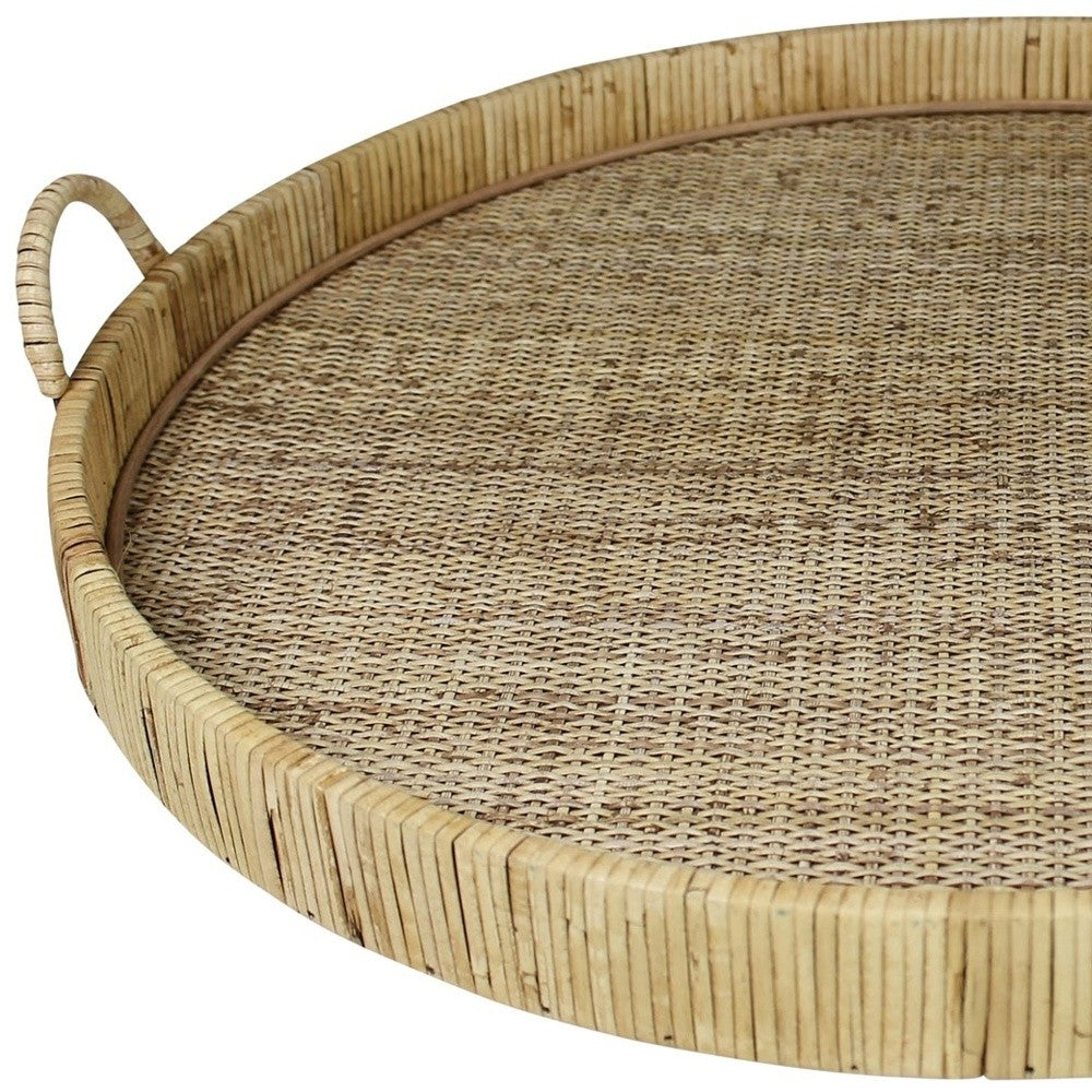 24" Natural Round Earthenware Indoor Outdoor Tray With Handles