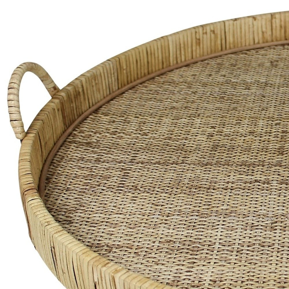 24" Natural Round Earthenware Indoor Outdoor Tray With Handles