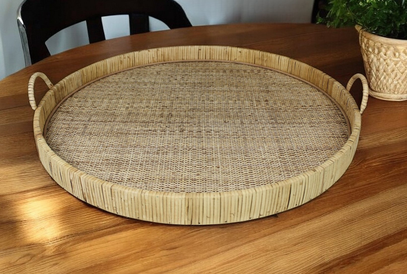 24" Natural Round Earthenware Indoor Outdoor Tray With Handles