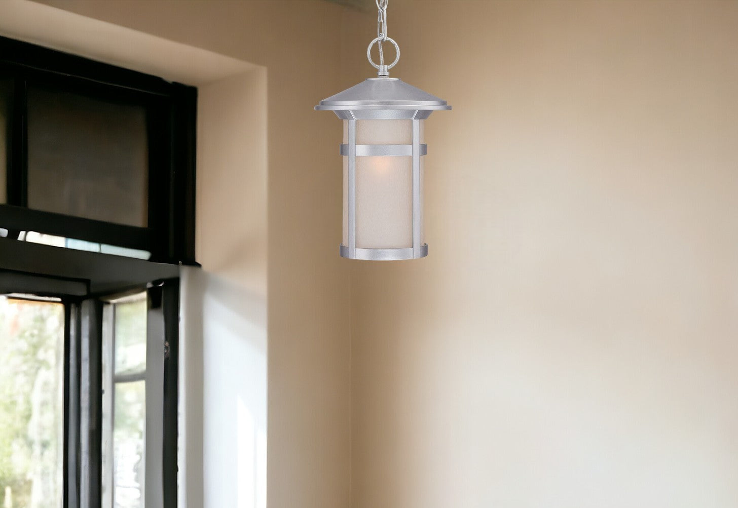 Brushed Silver Round White Glass Hanging Light