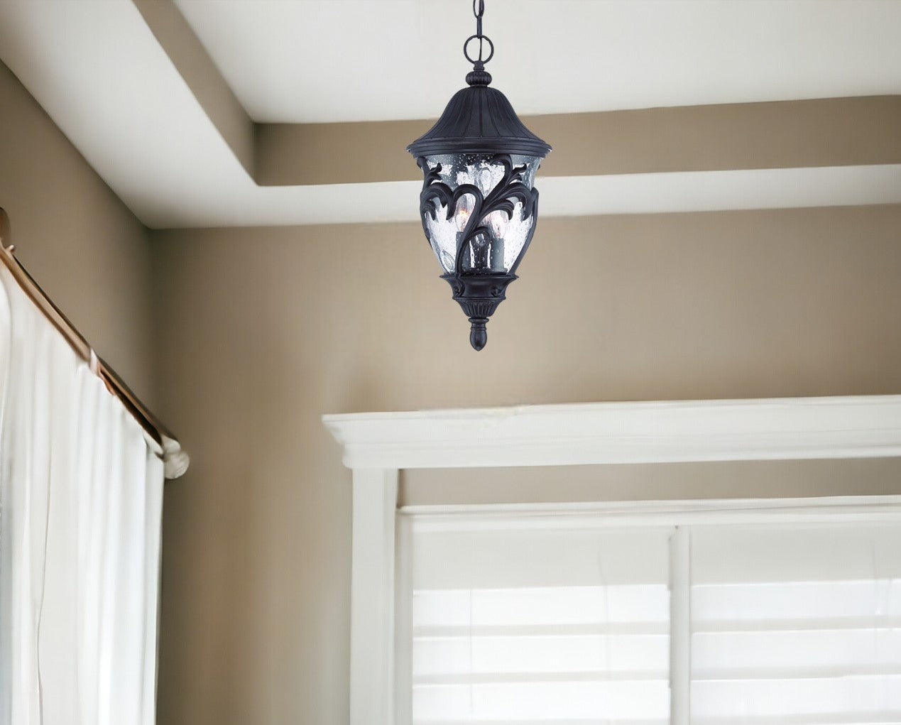 Three Light Matte Black Leaf Detail Hanging Light