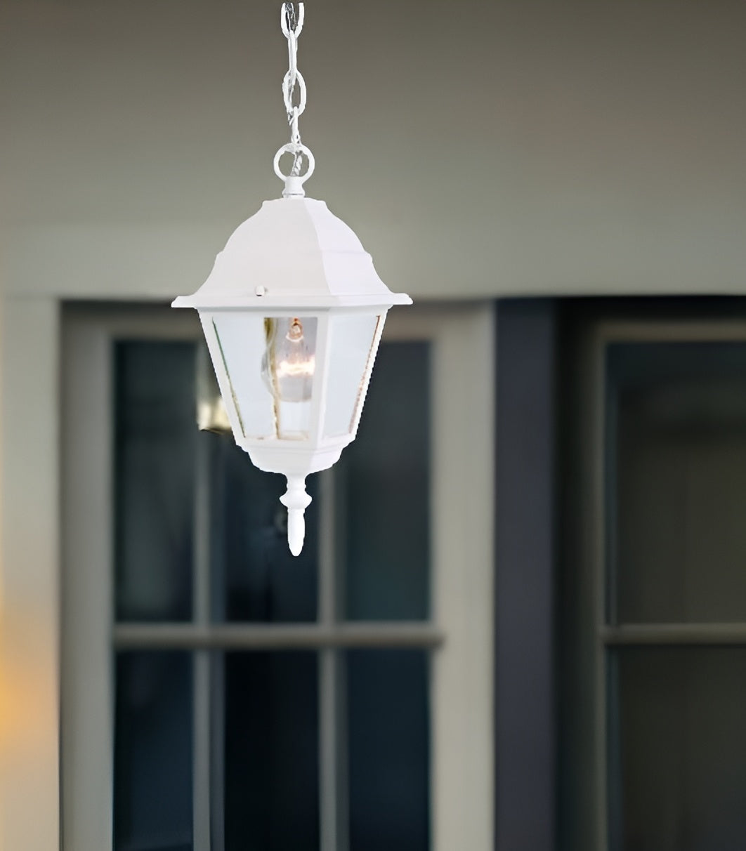 Distressed White Beveled Glass Outdoor Hanging Light