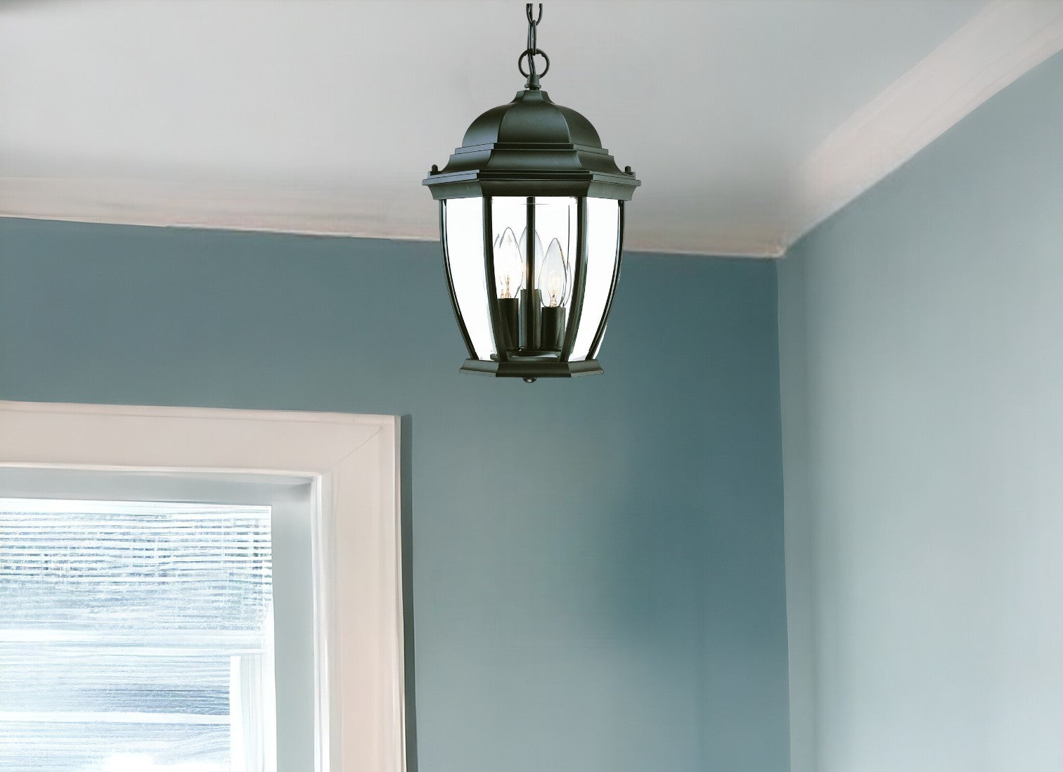 Three Light Matte Black Wide Lantern Hanging Light