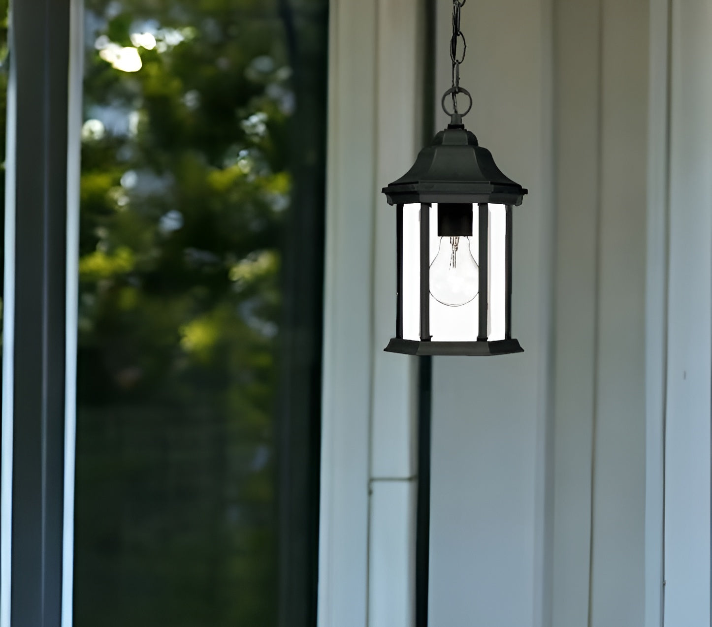 Narrow Matte Black Glass Lantern Hanging Light