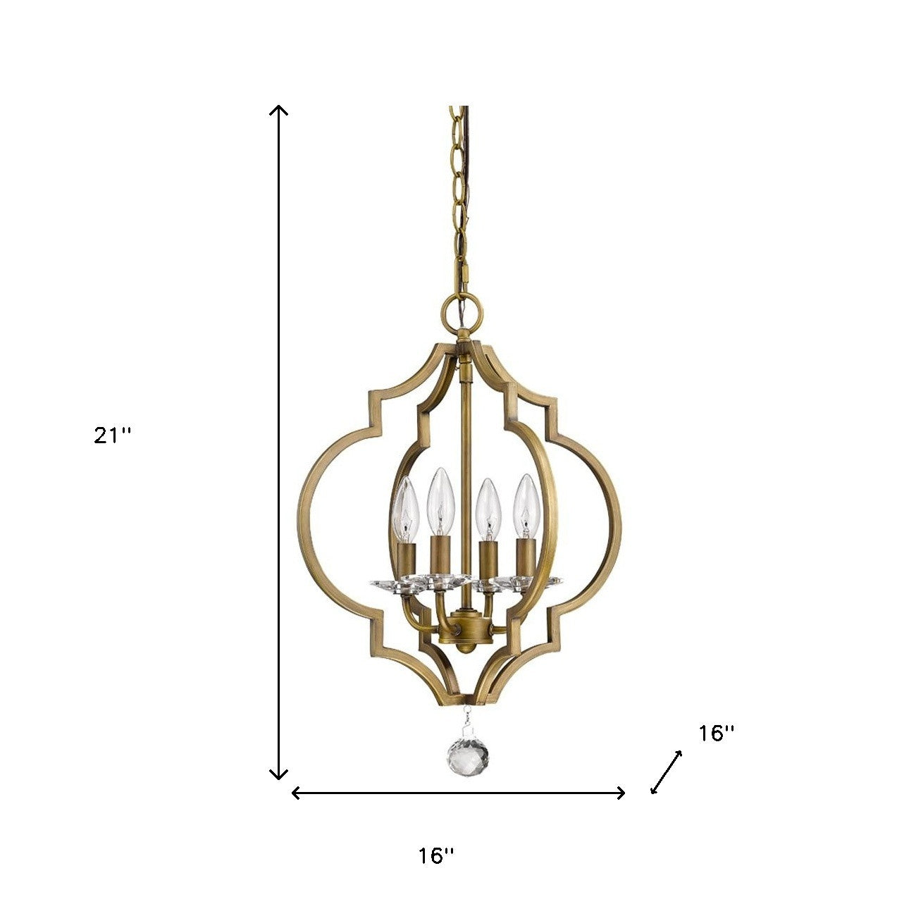 Brass Candle Style Four Light Metal and Crystals Dimmable Chandelier