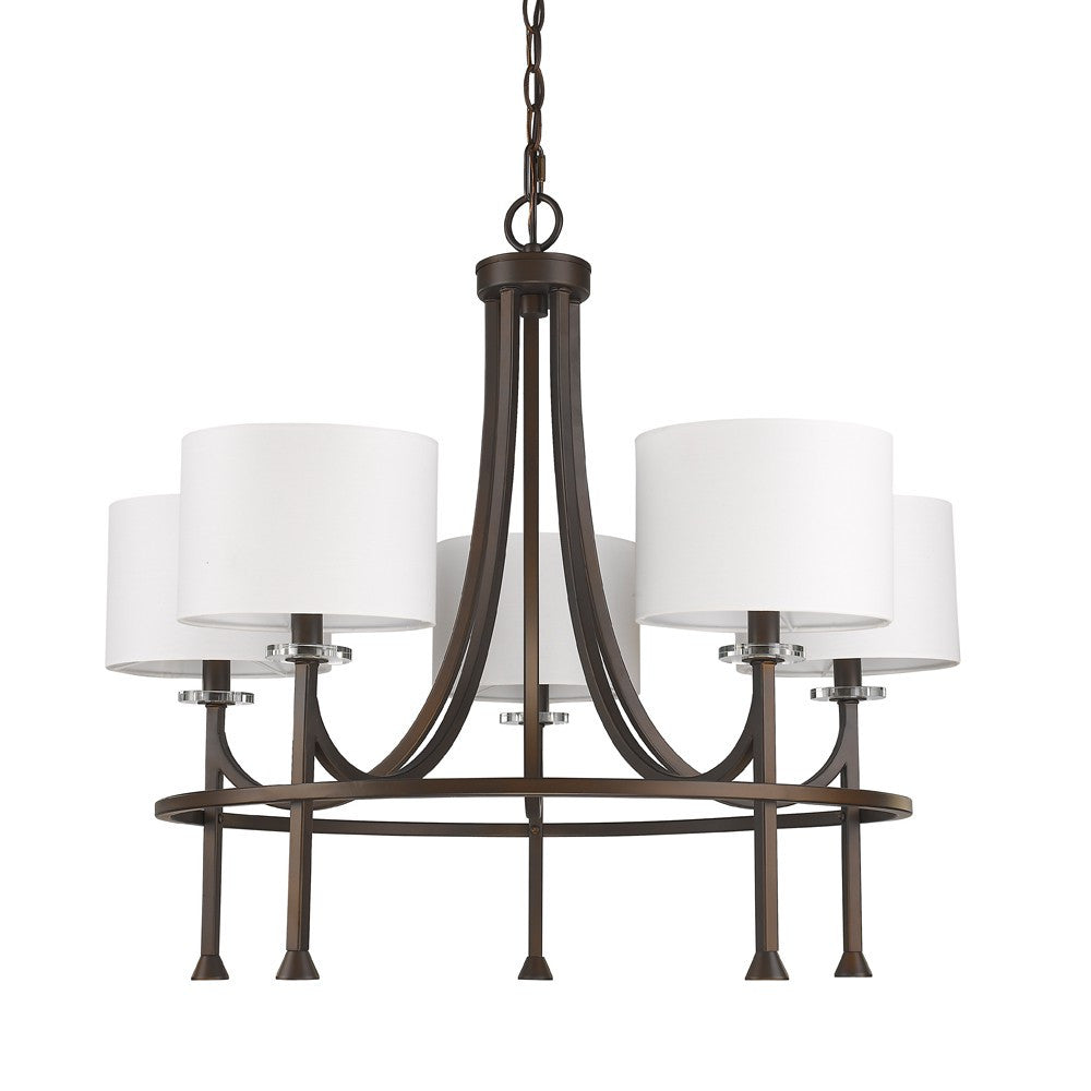 Brown Candle Style Five Light Metal and Crystals Dimmable Chandelier With White Shades