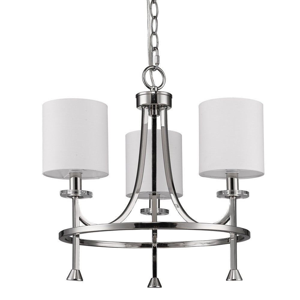 Silver Candle Style Three Light Metal Dimmable Chandelier With White Shades