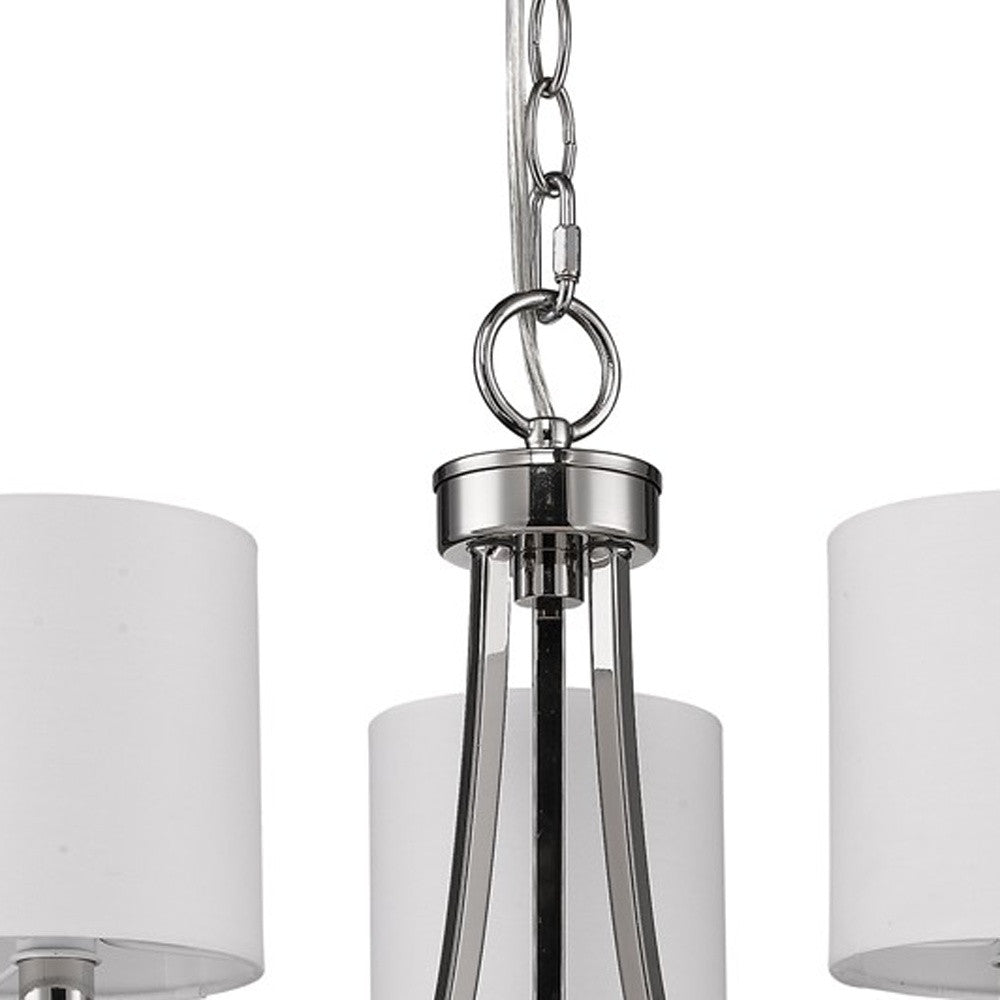 Silver Candle Style Three Light Metal Dimmable Chandelier With White Shades