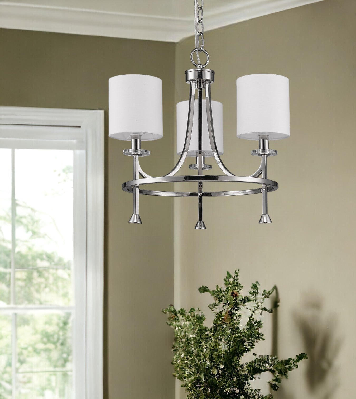 Silver Candle Style Three Light Metal Dimmable Chandelier With White Shades