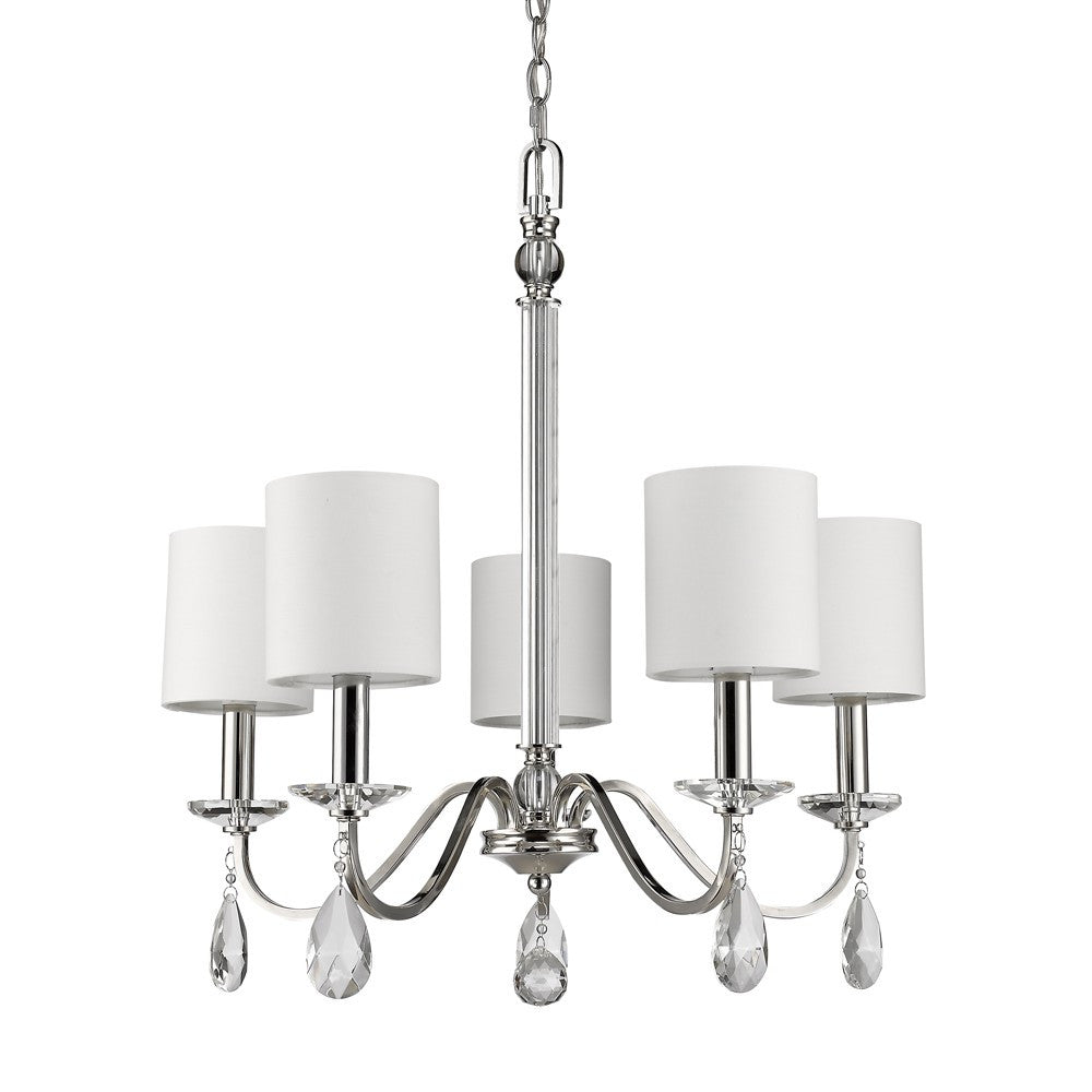 Silver Candle Style Five Light Metal and Crystals Dimmable Chandelier With White Shades