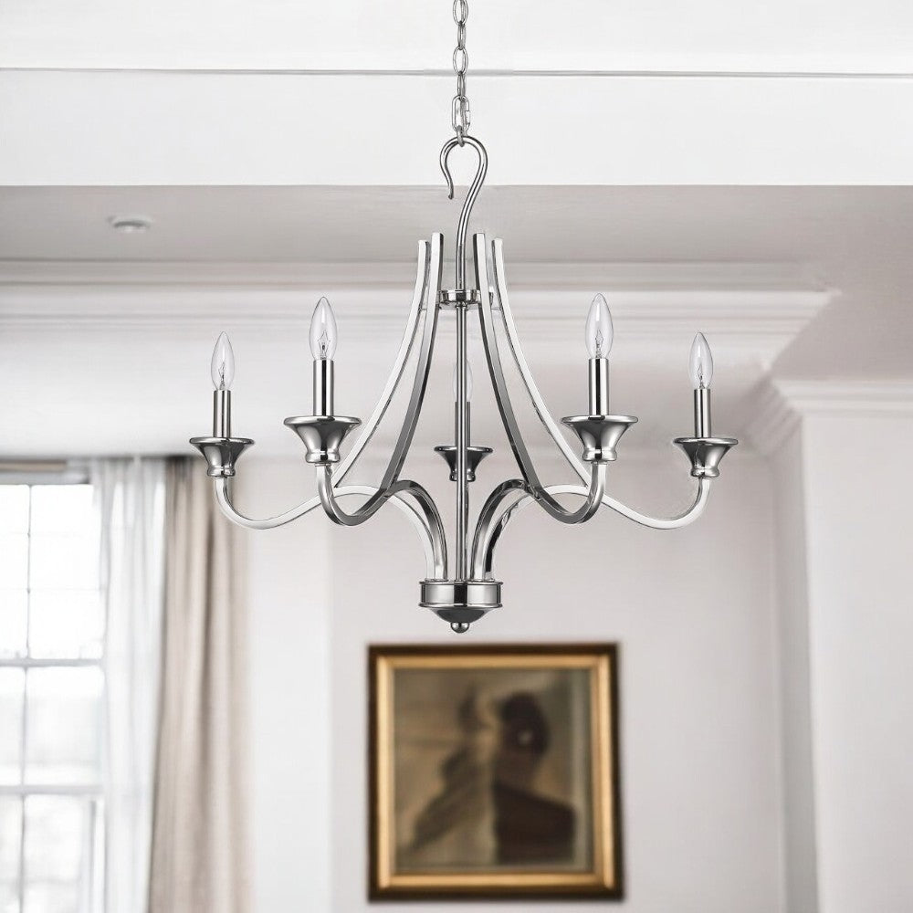 Nickel Candle Style Five Light Metal Dimmable Chandelier