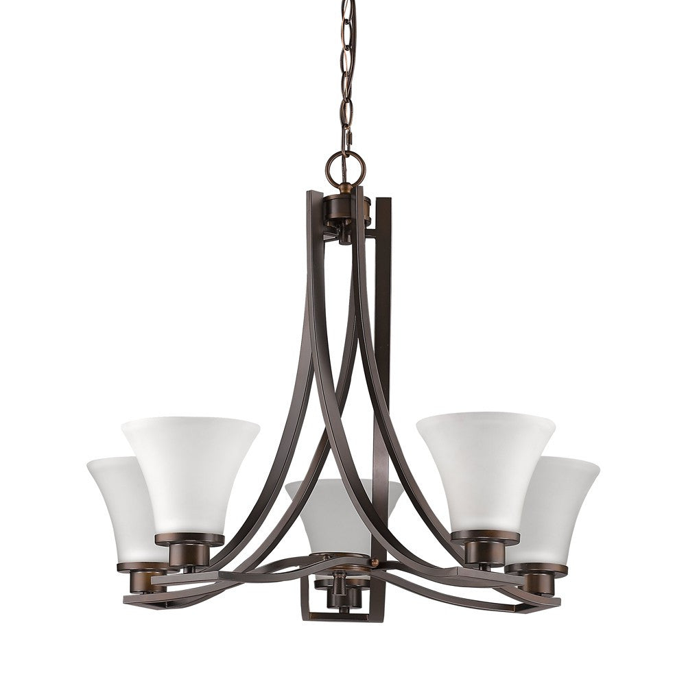 Bronze Candle Style Five Light Frosted Metal Dimmable Chandelier With White Shades