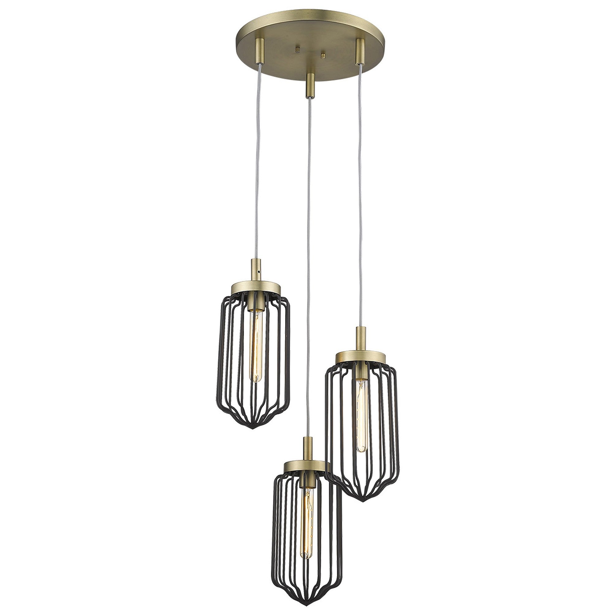 Gold Caged Three Light Metal Dimmable Chandelier With Black Shades