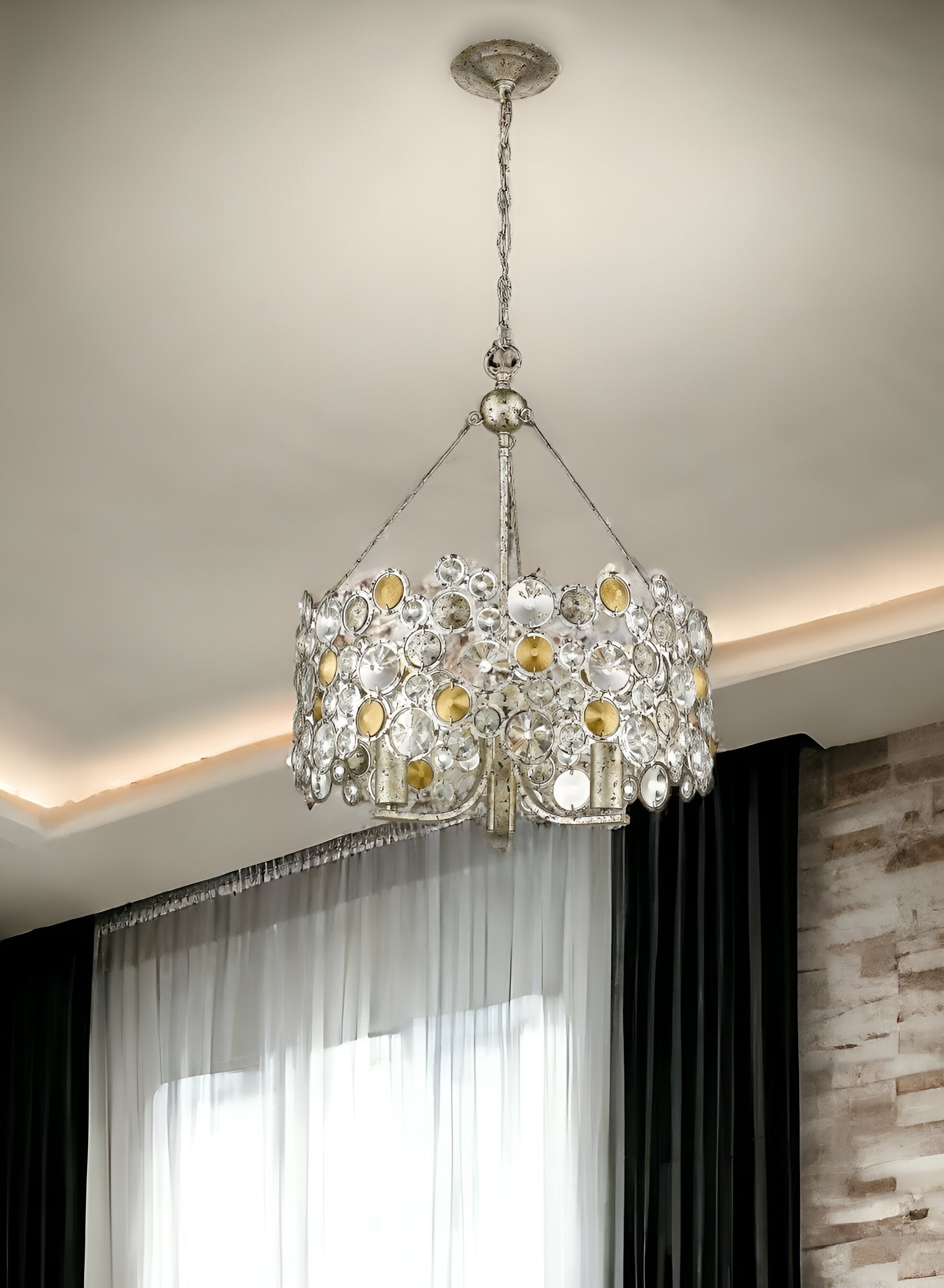 Silver Three Light Metal and Crystals Dimmable Chandelier With Silver Shades