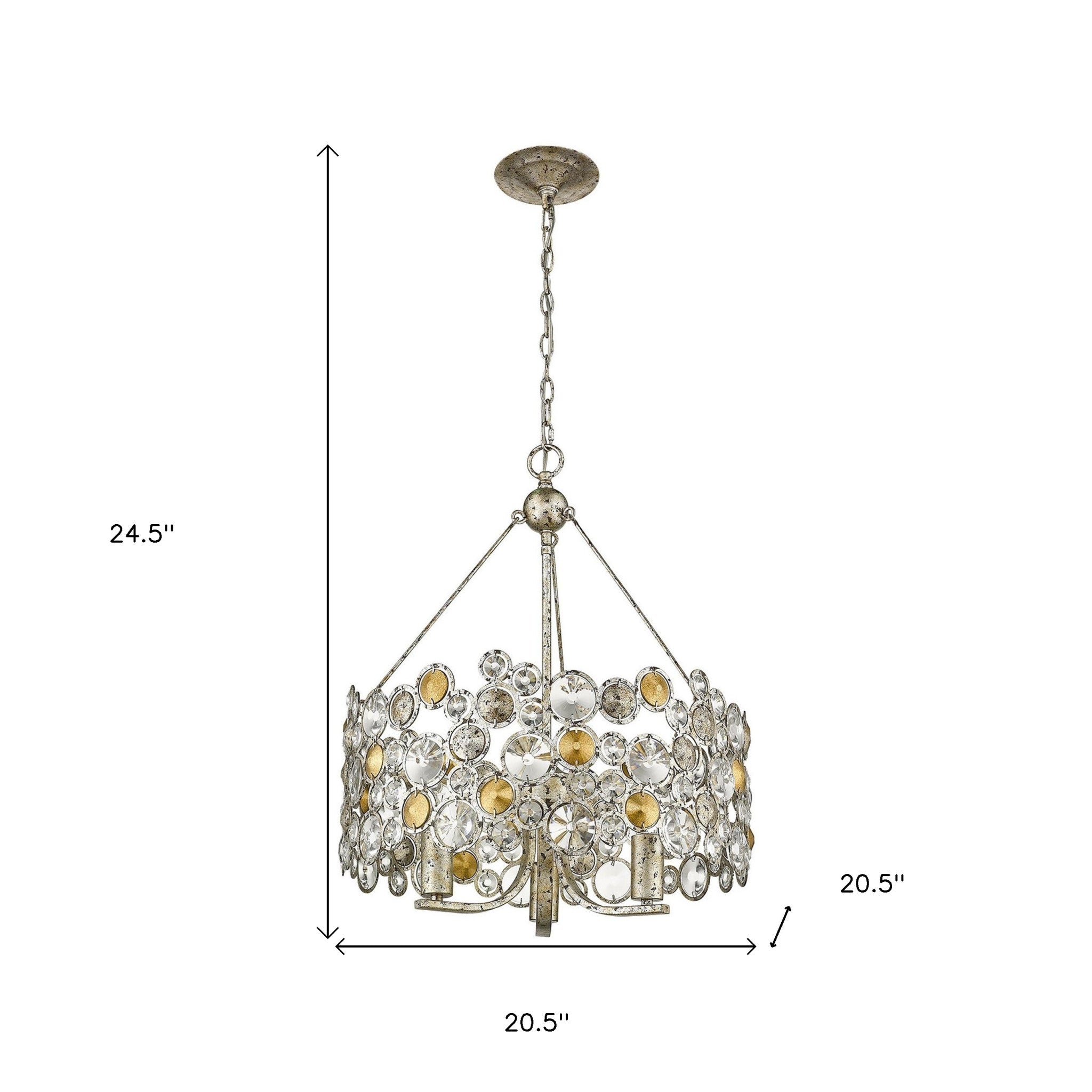 Silver Three Light Metal and Crystals Dimmable Chandelier With Silver Shades