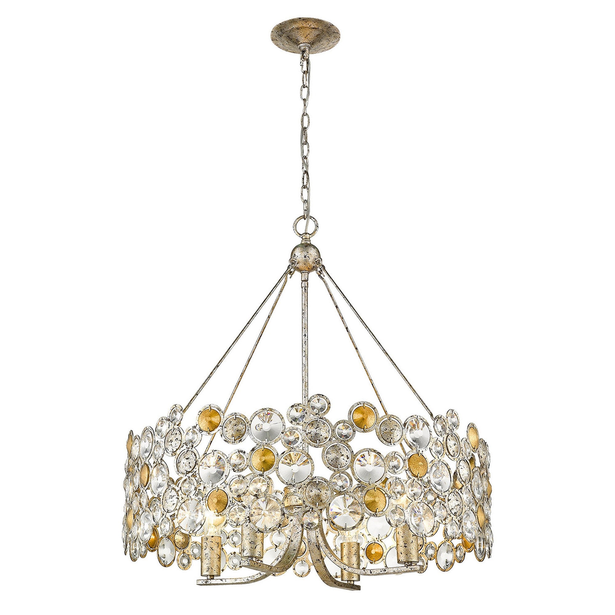 Silver Shaded Four Light Metal and Crystals Dimmable Chandelier With Silver Shades