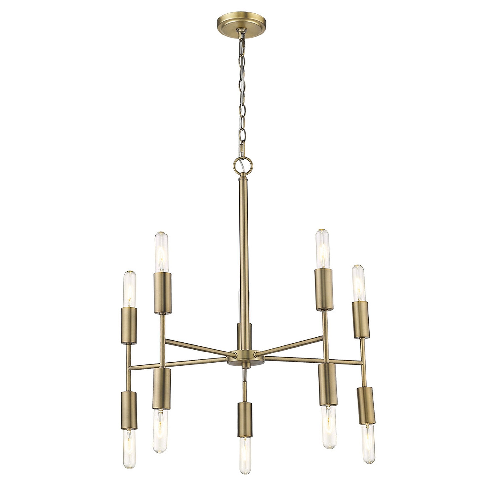 Brass Candle Style Ten Light Metal Dimmable Chandelier