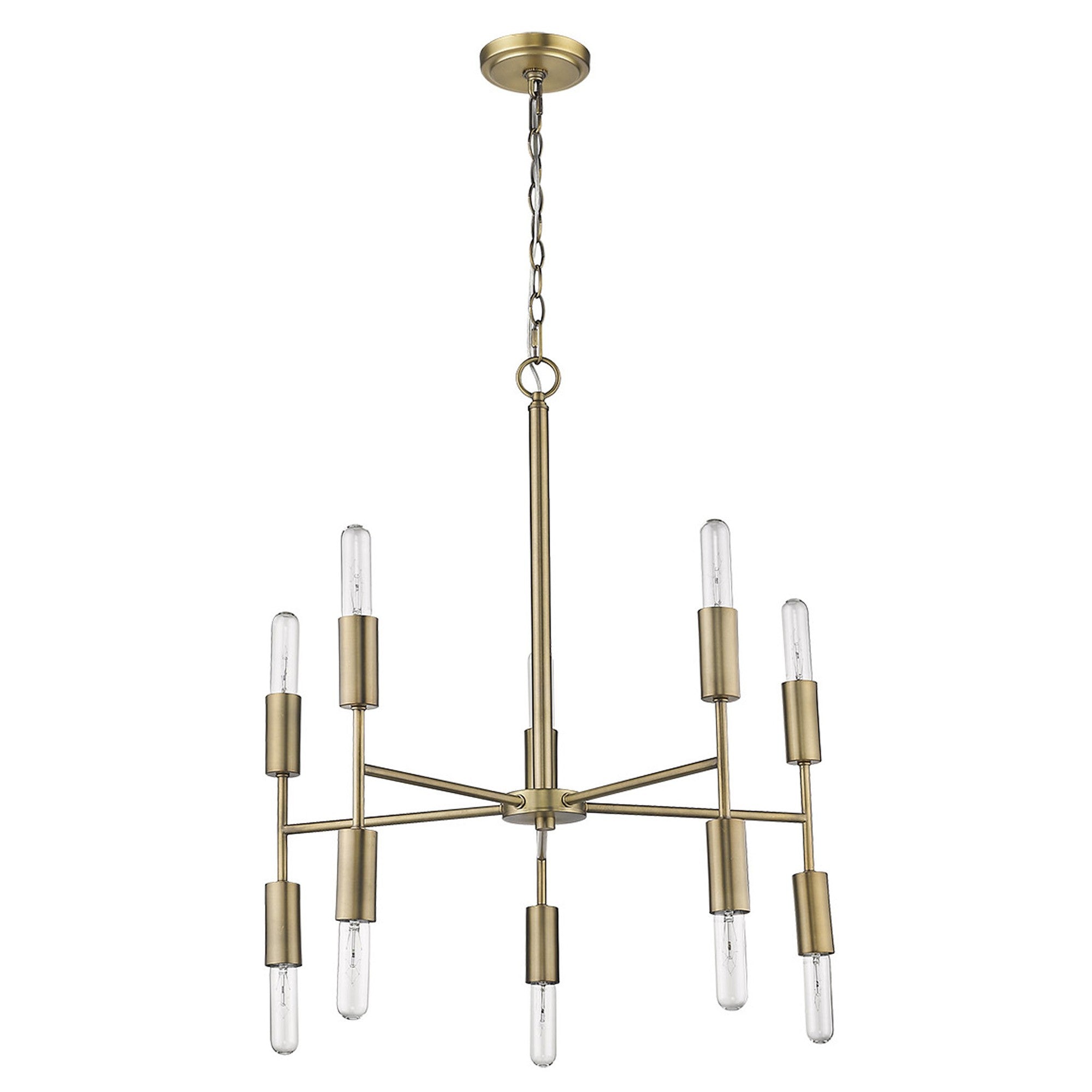 Brass Candle Style Ten Light Metal Dimmable Chandelier