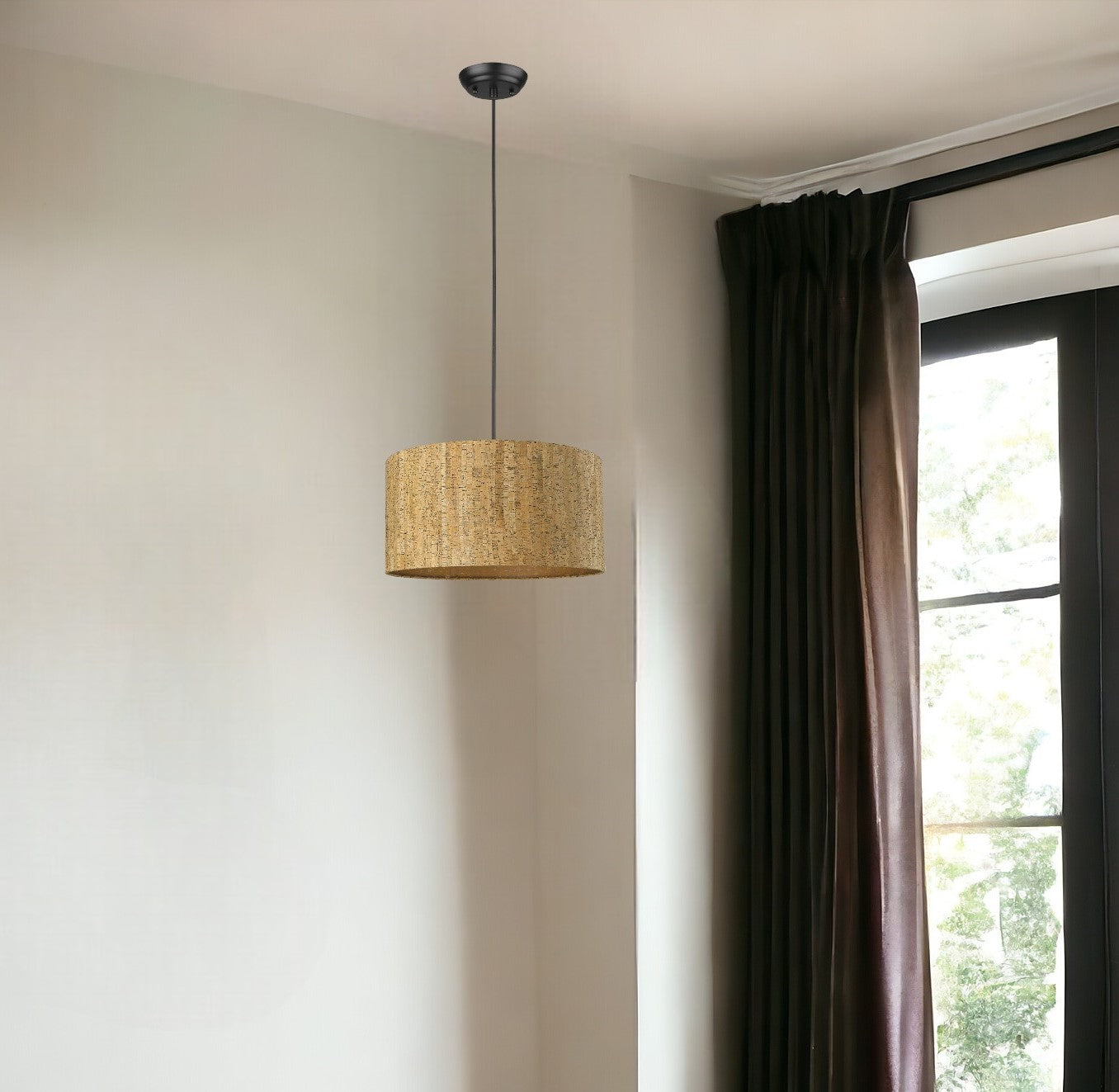 Matte Black Cork Shade Modern One Light Hanging Pendent Lamp