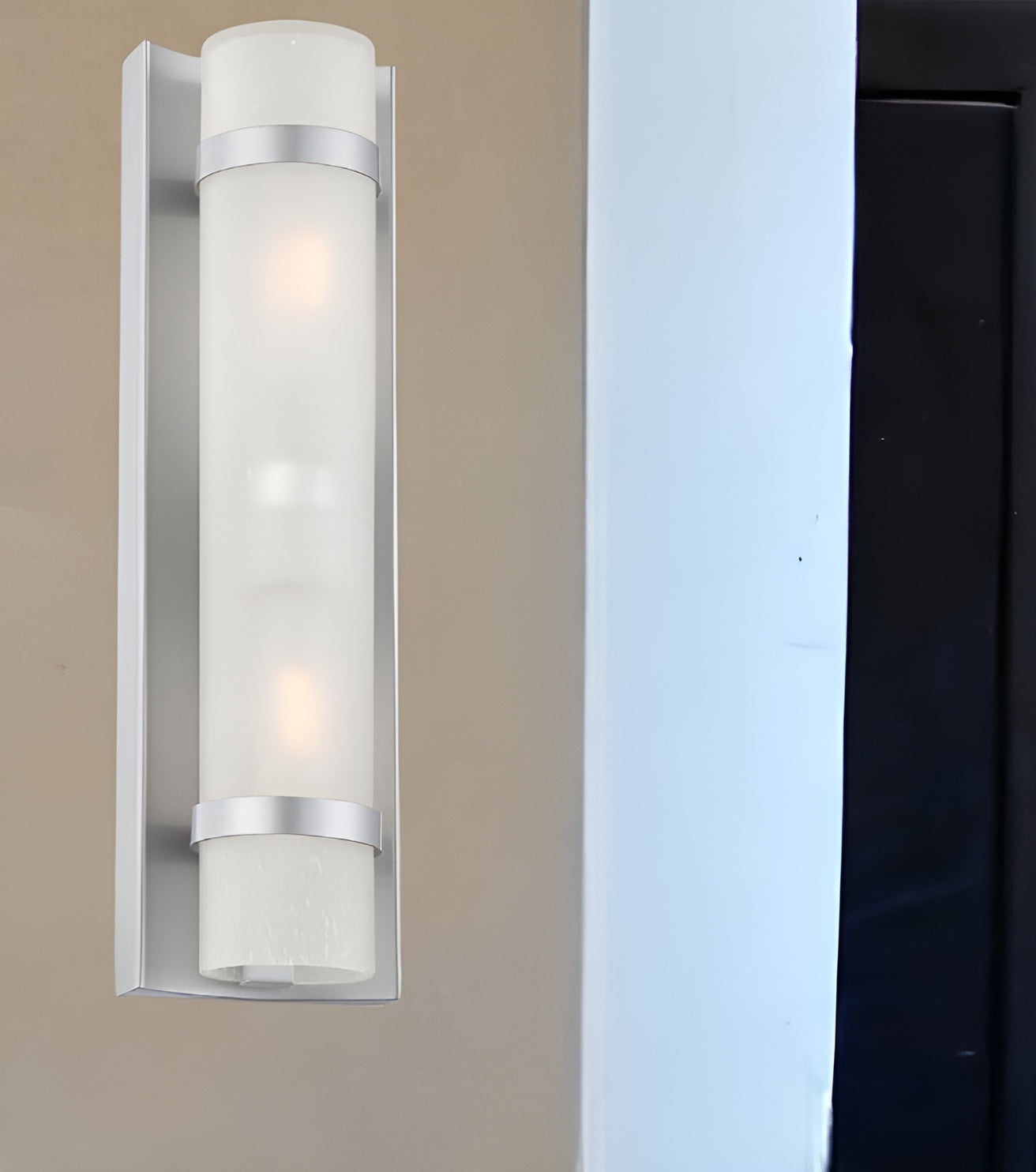 Two Light Brushed Silver and White Glass Wall Sconce