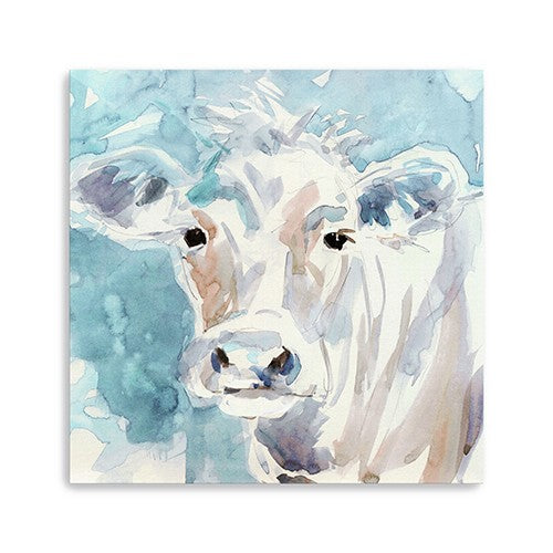 20" x 20" Blue Pastel Watercolor Cow Unframed Canvas Wall Art