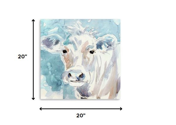 20" x 20" Blue Pastel Watercolor Cow Unframed Canvas Wall Art