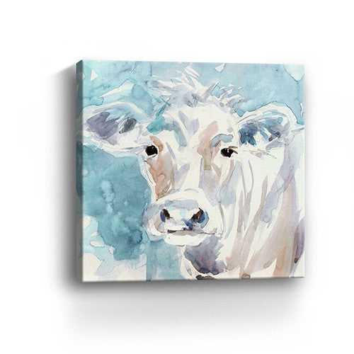 20" x 20" Blue Pastel Watercolor Cow Unframed Canvas Wall Art