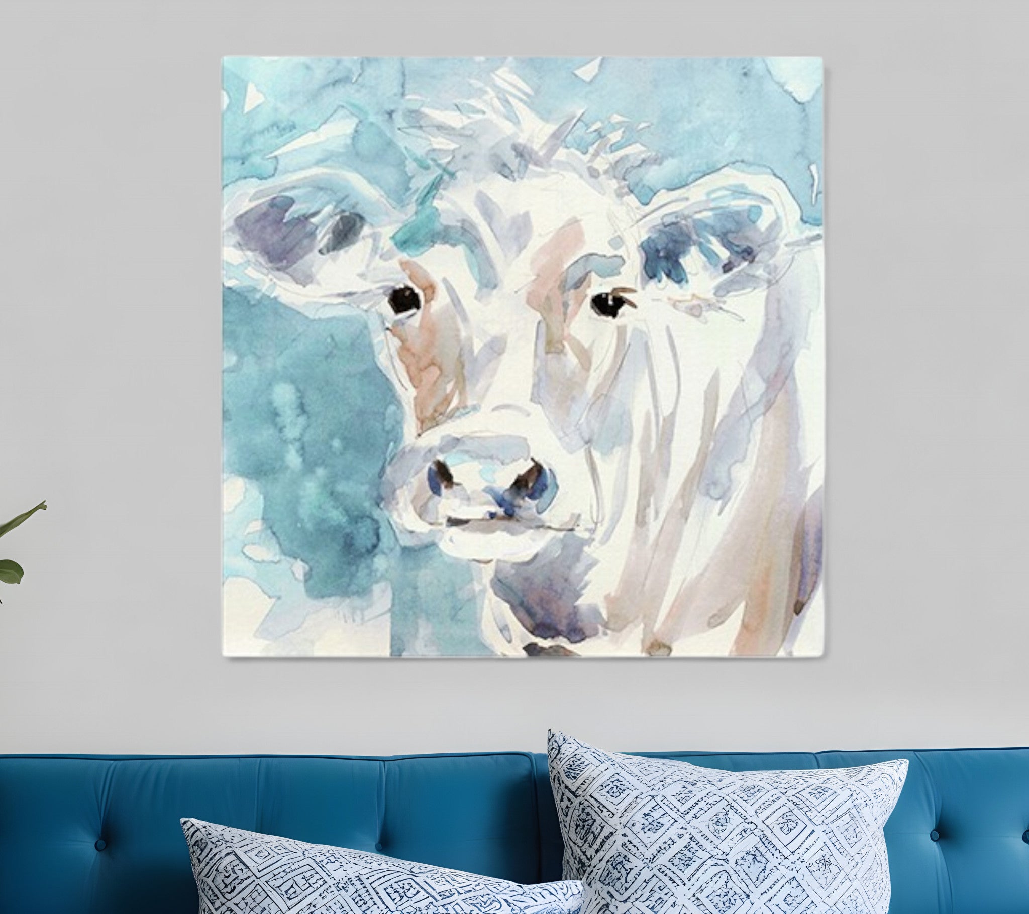 20" x 20" Blue Pastel Watercolor Cow Unframed Canvas Wall Art