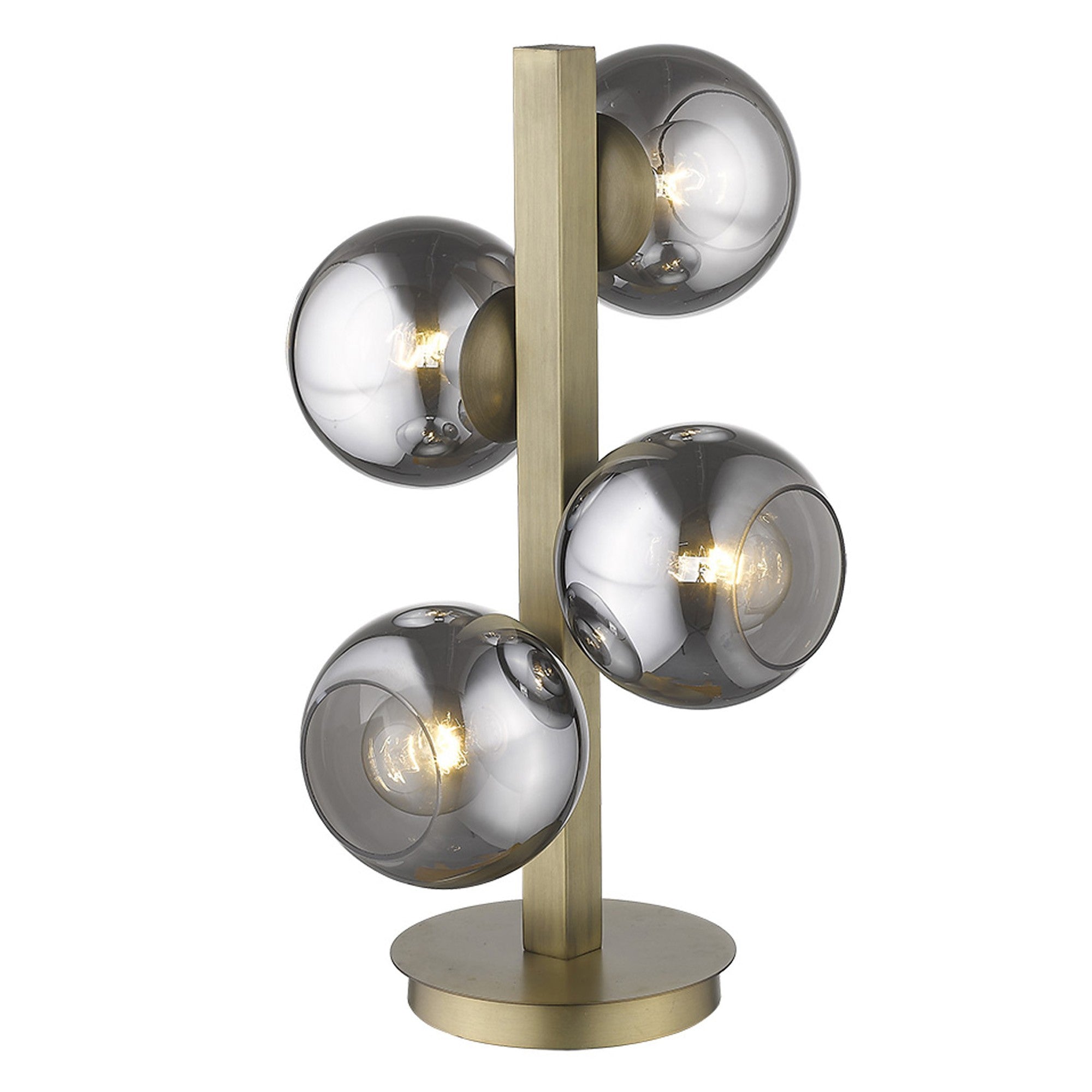 24" Brass Metal Four Light Novelty Table Lamp With Silver Metallic Globe Shades