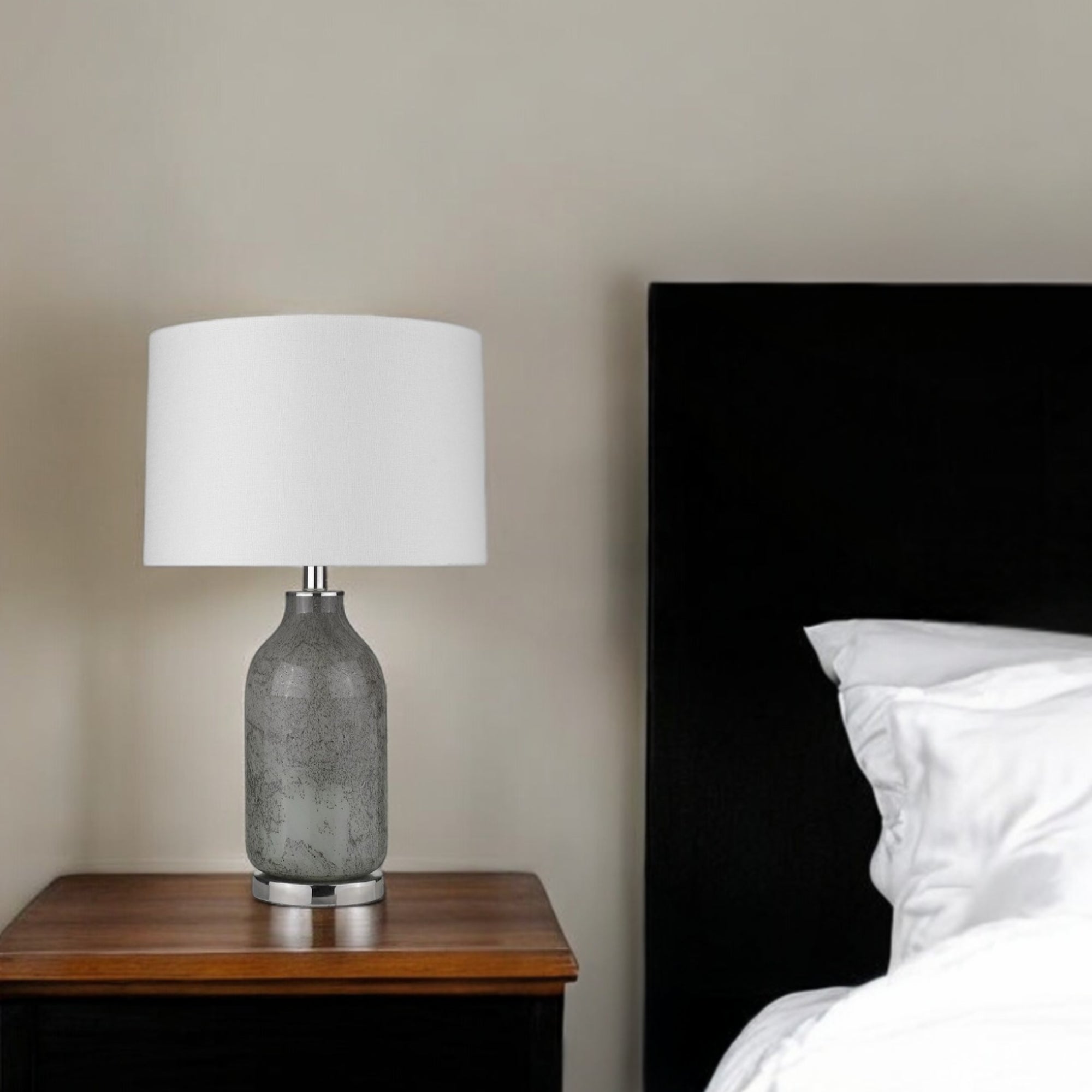 25" Gray Glass Table Lamp With White Empire Shade