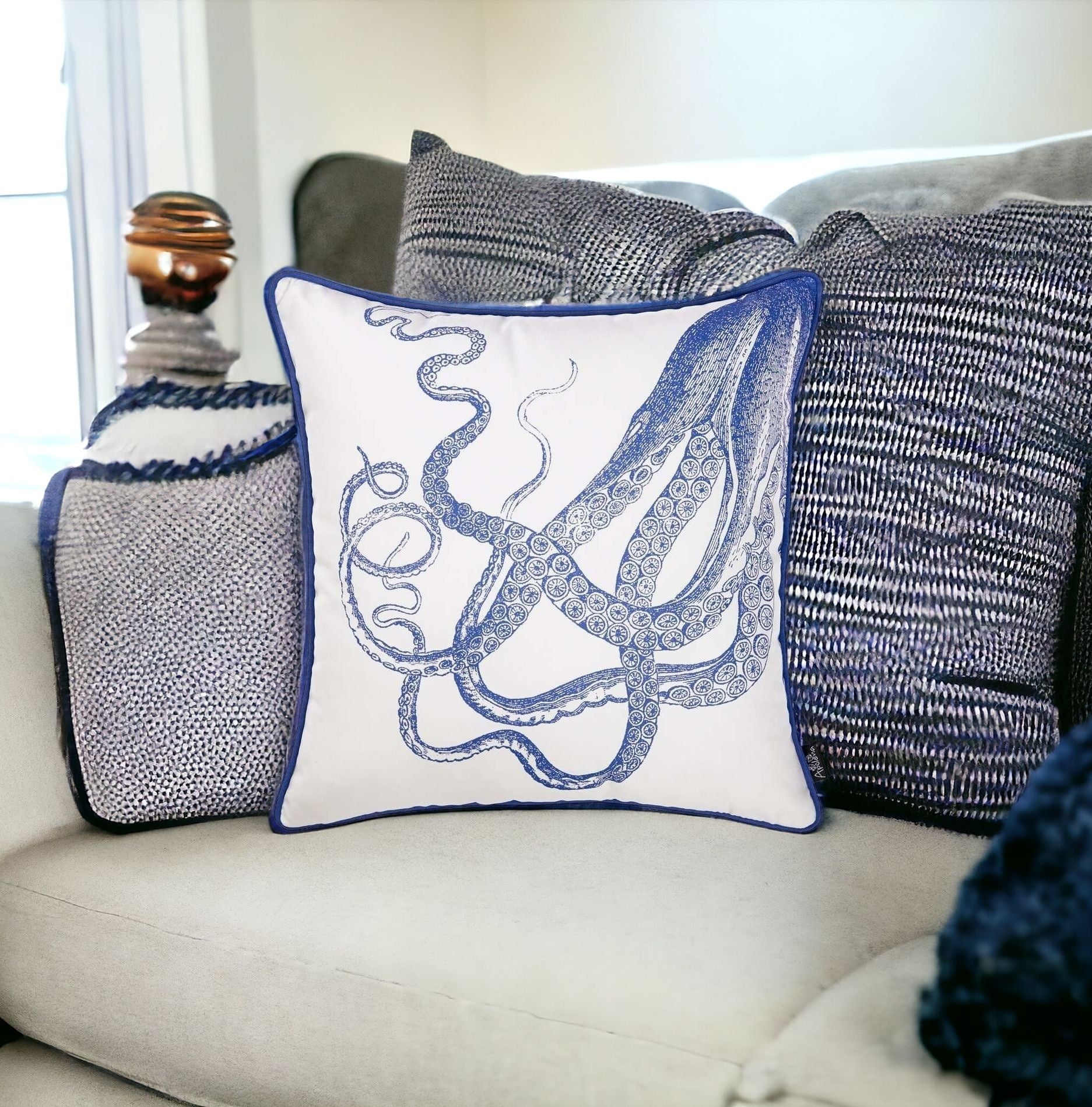 Blue and White Octopus Nautical Throw Pillow