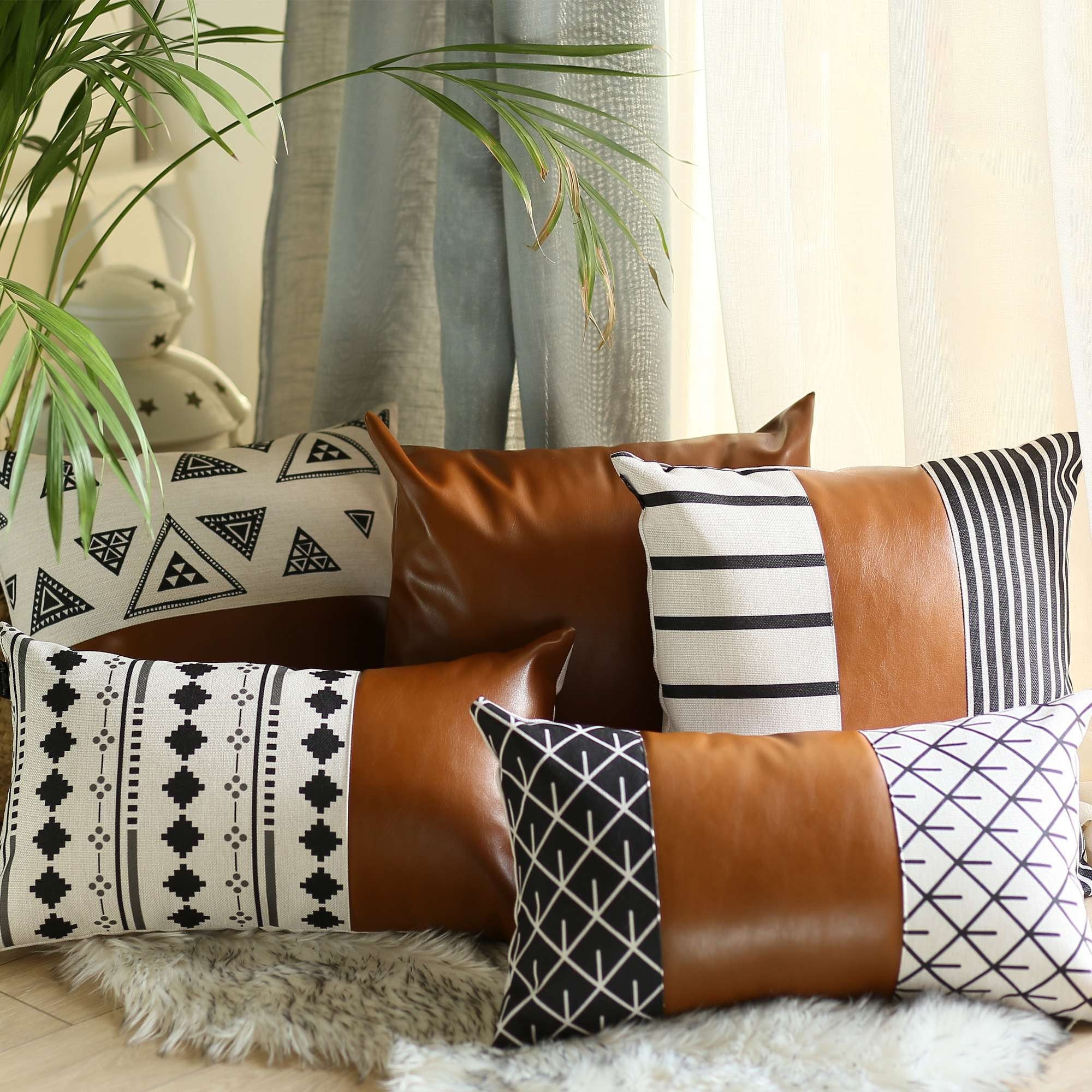 Brown Bohemian Vegan Faux Leather Lumbar Pillow