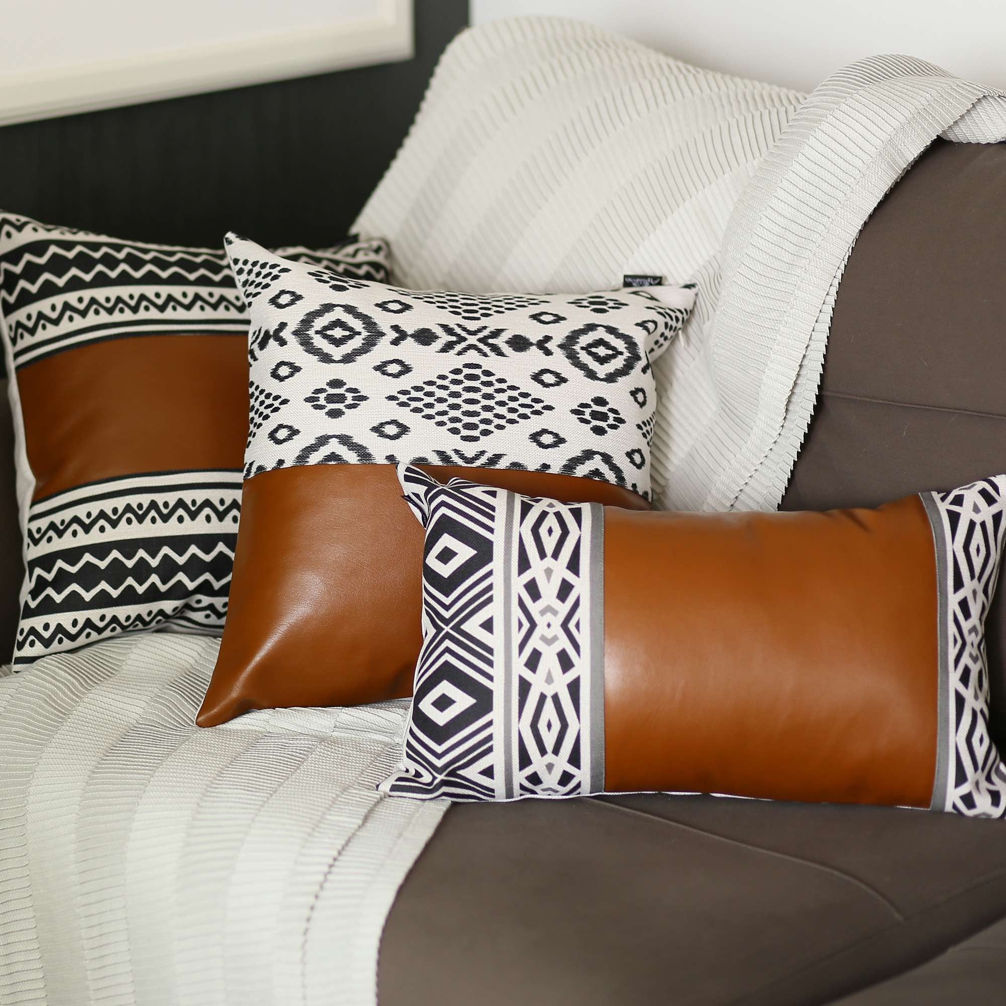 Half Patterned Faux Leather Throw Pillow