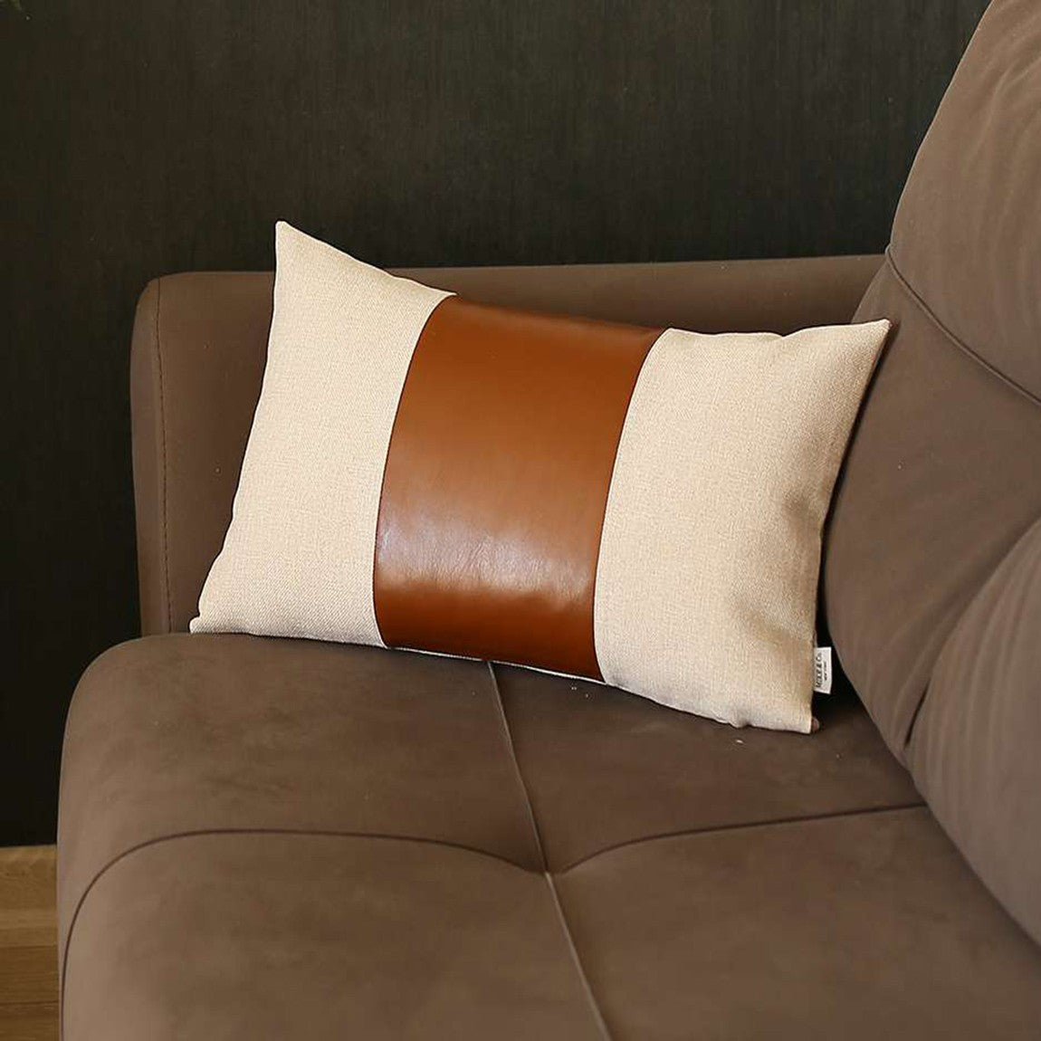 12" X 20" Brown and White Faux Leather Lumbar Throw Pillow