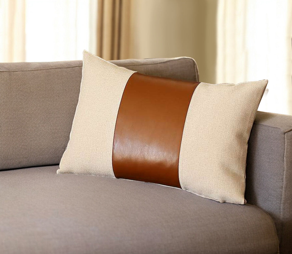 12" X 20" Brown and White Faux Leather Lumbar Throw Pillow