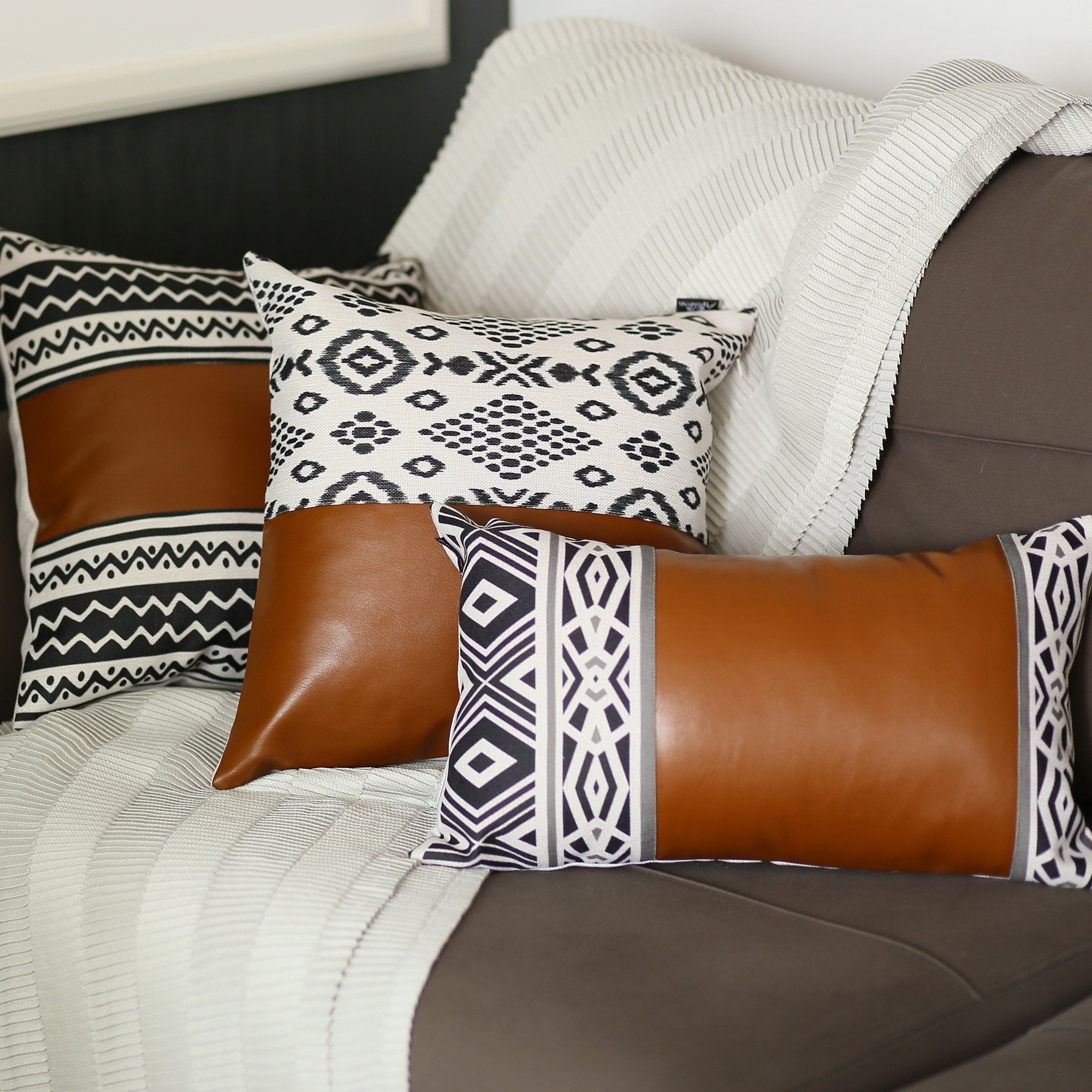 Rustic Brown Faux Leather Geometric Throw Pillow