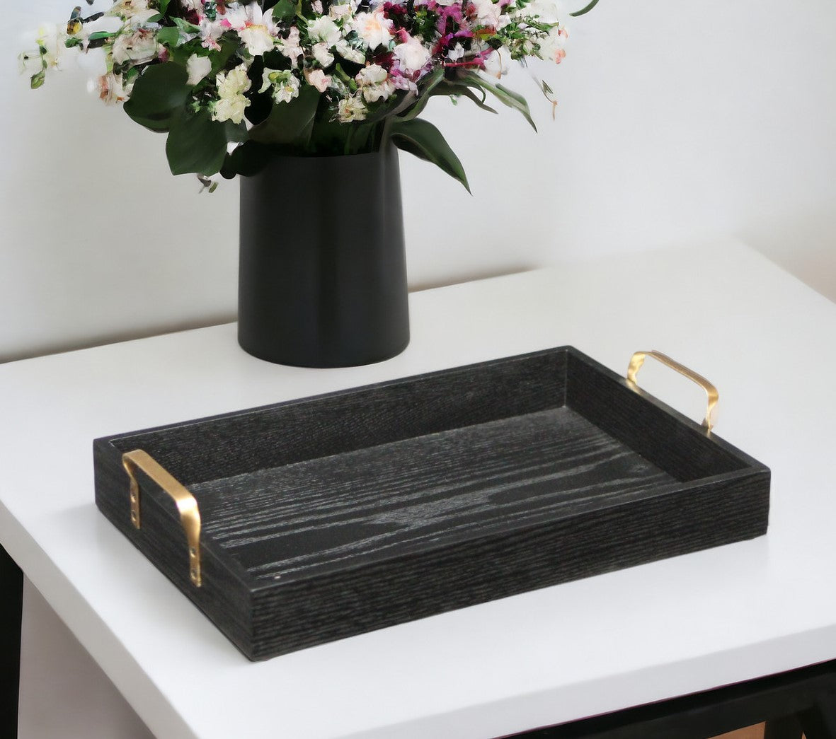 16" Black Wood Handmade Serving Tray With Gold Handles