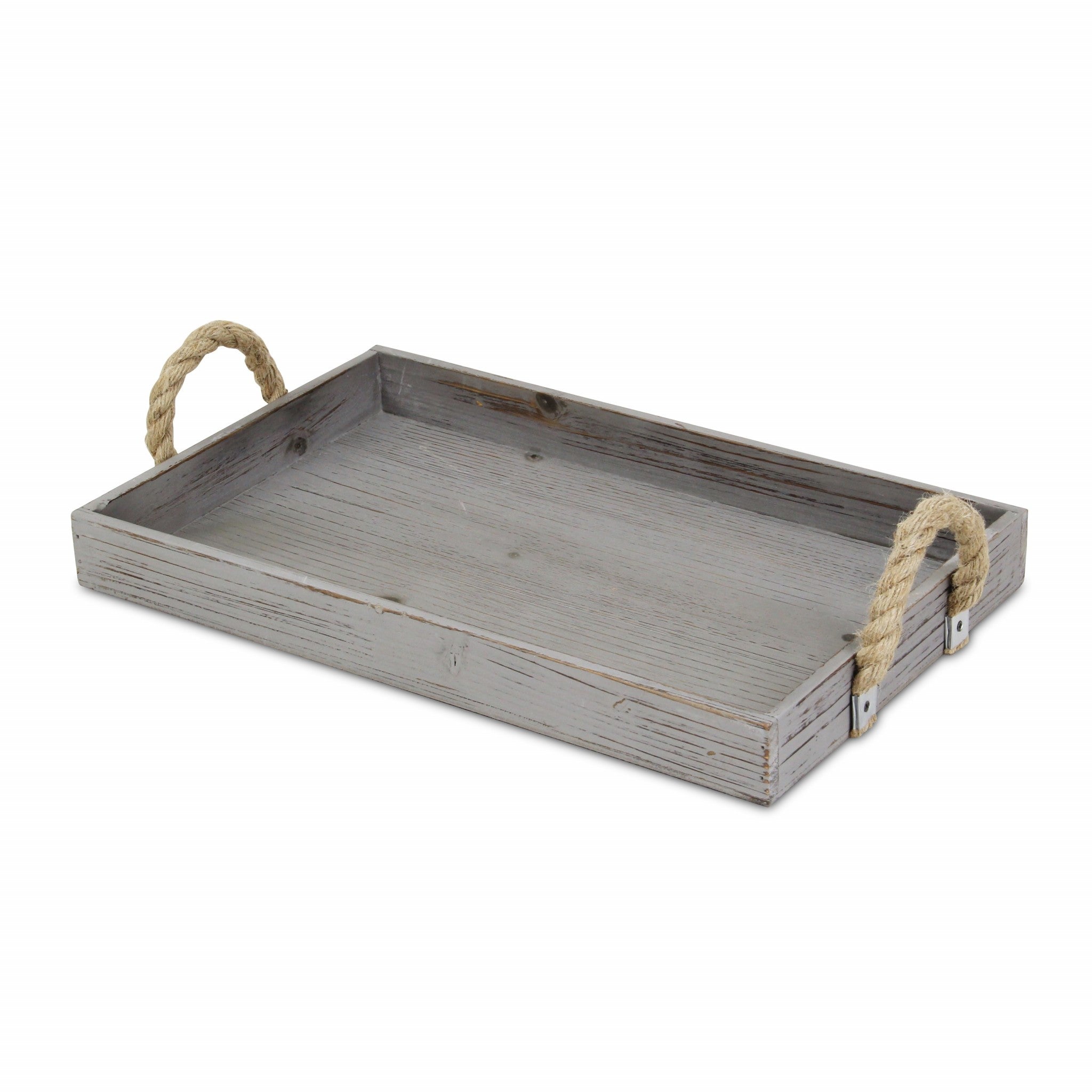 Gray Wooden Tray with Rope Handles