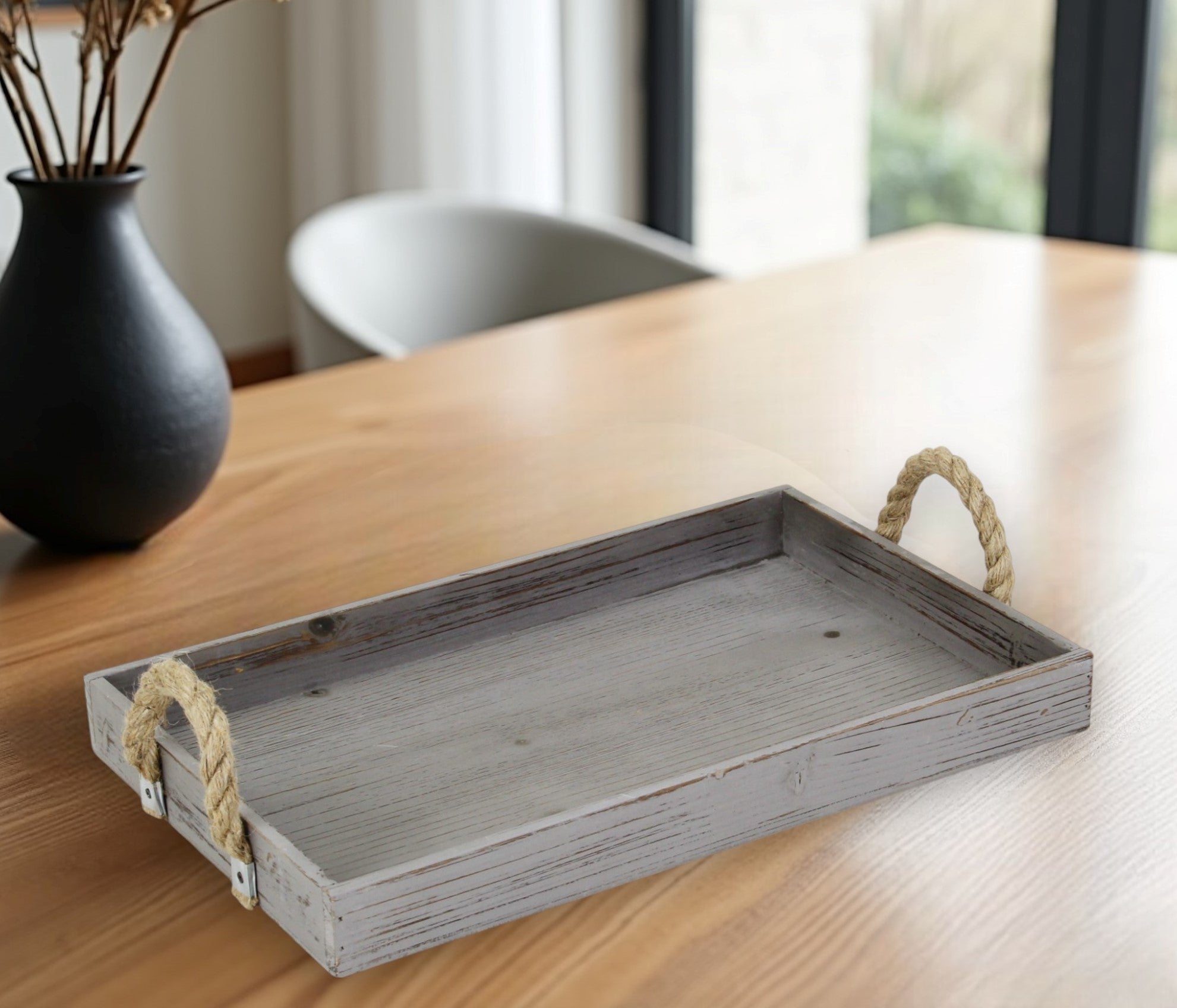 Gray Wooden Tray with Rope Handles