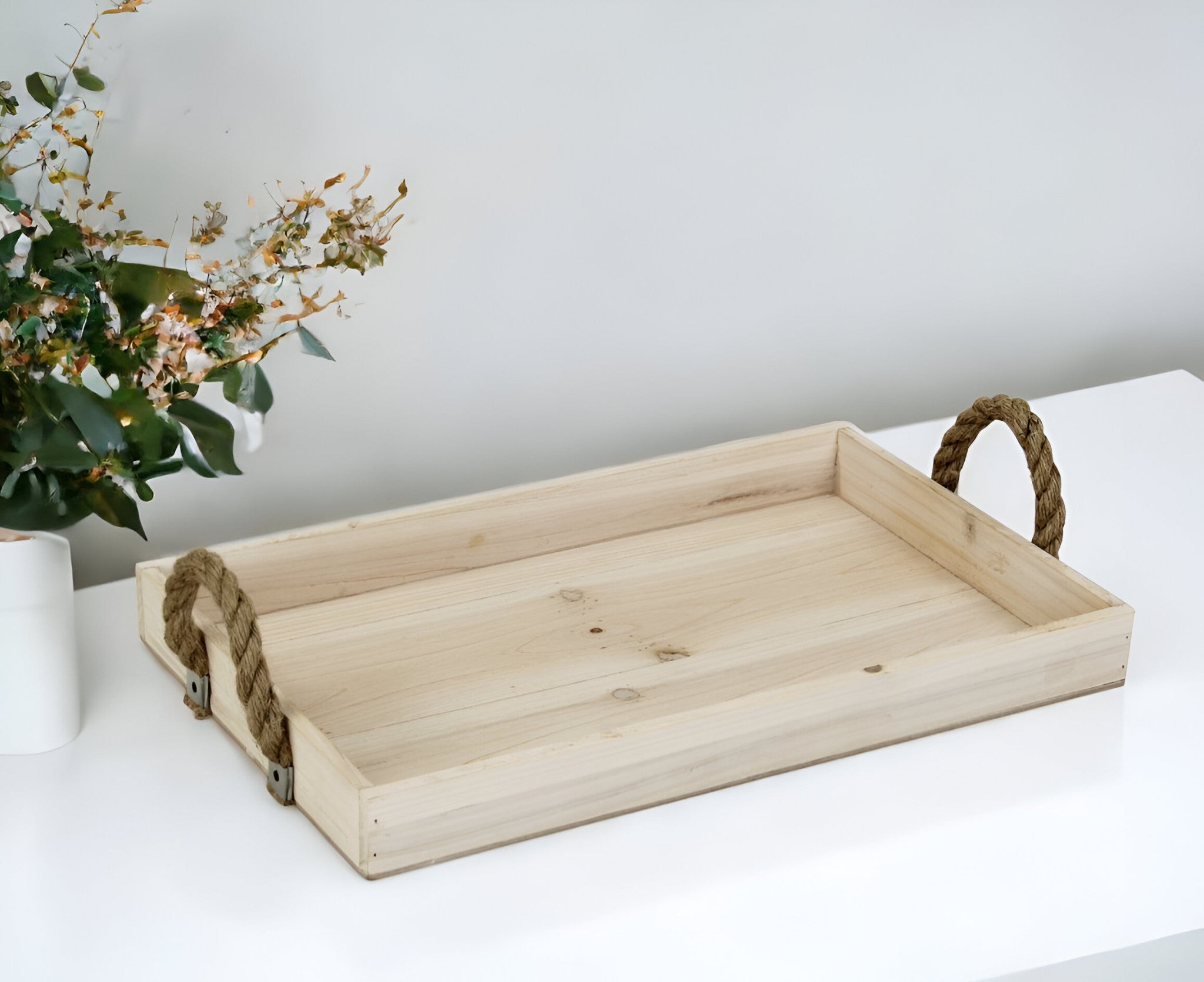 Natural Wooden Tray with Rope Handles