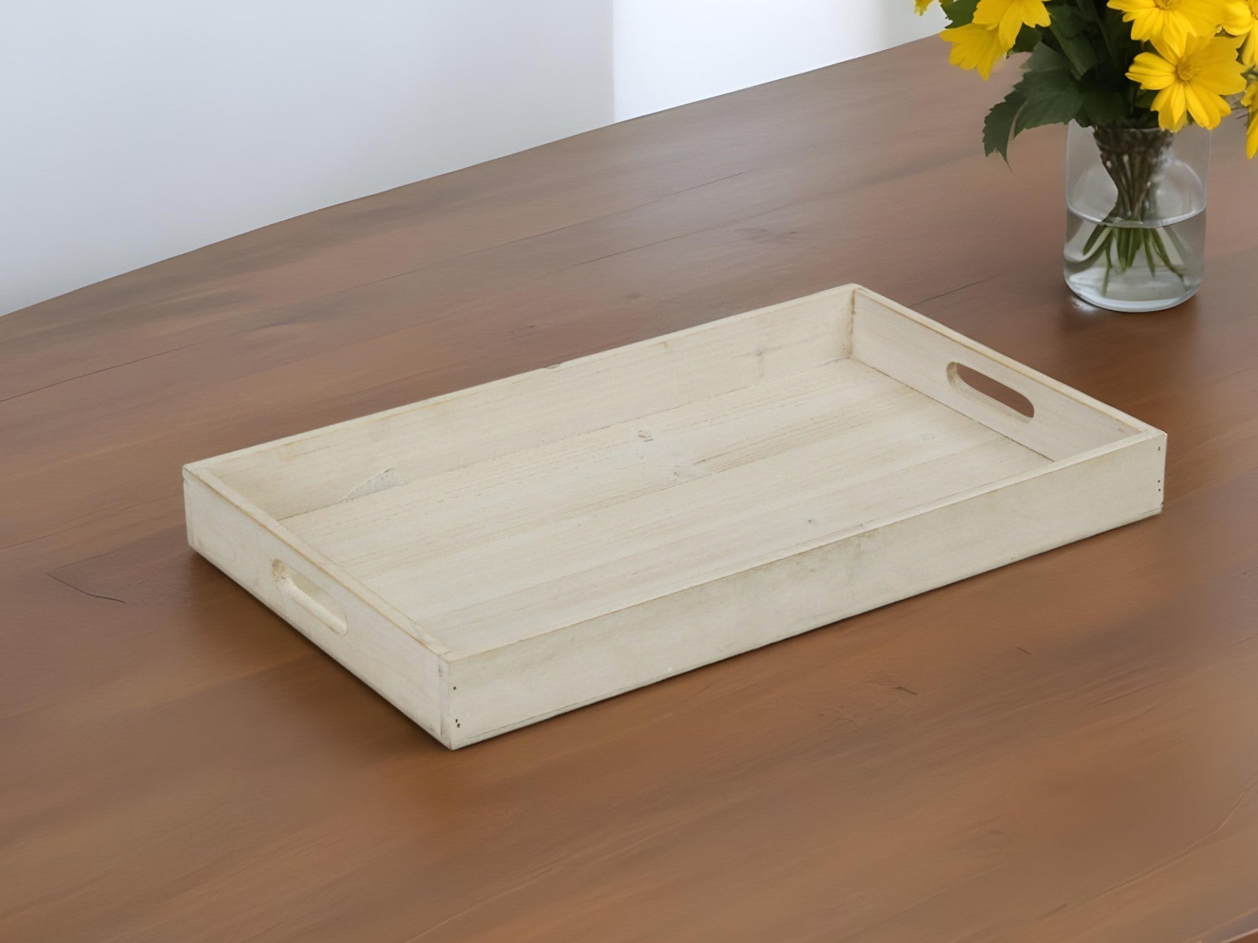 20" White Wash Minimalist Wood Tray With Handles