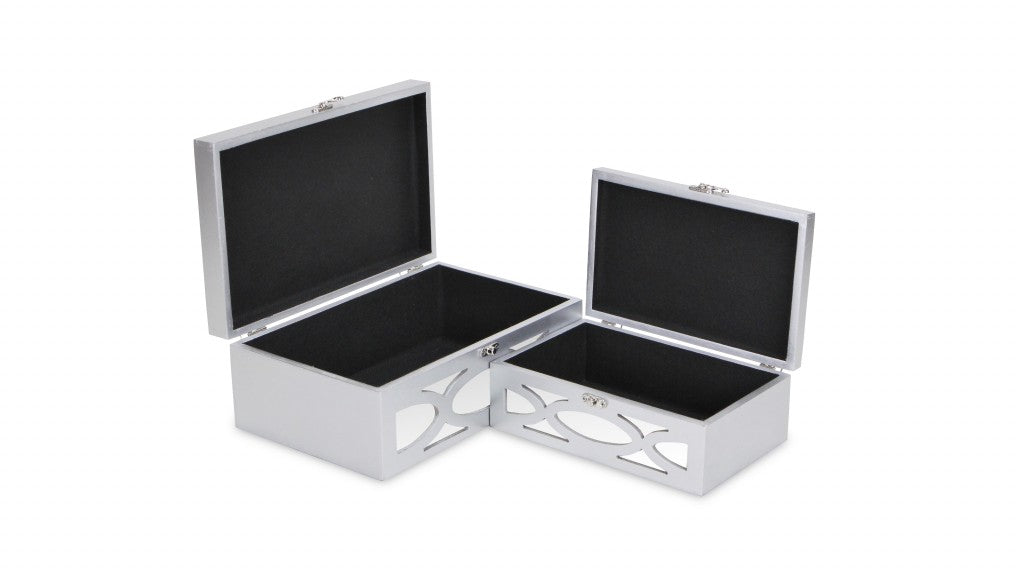 Set of Two Silver Oval Scroll Mirror Jewelry Storage Boxes