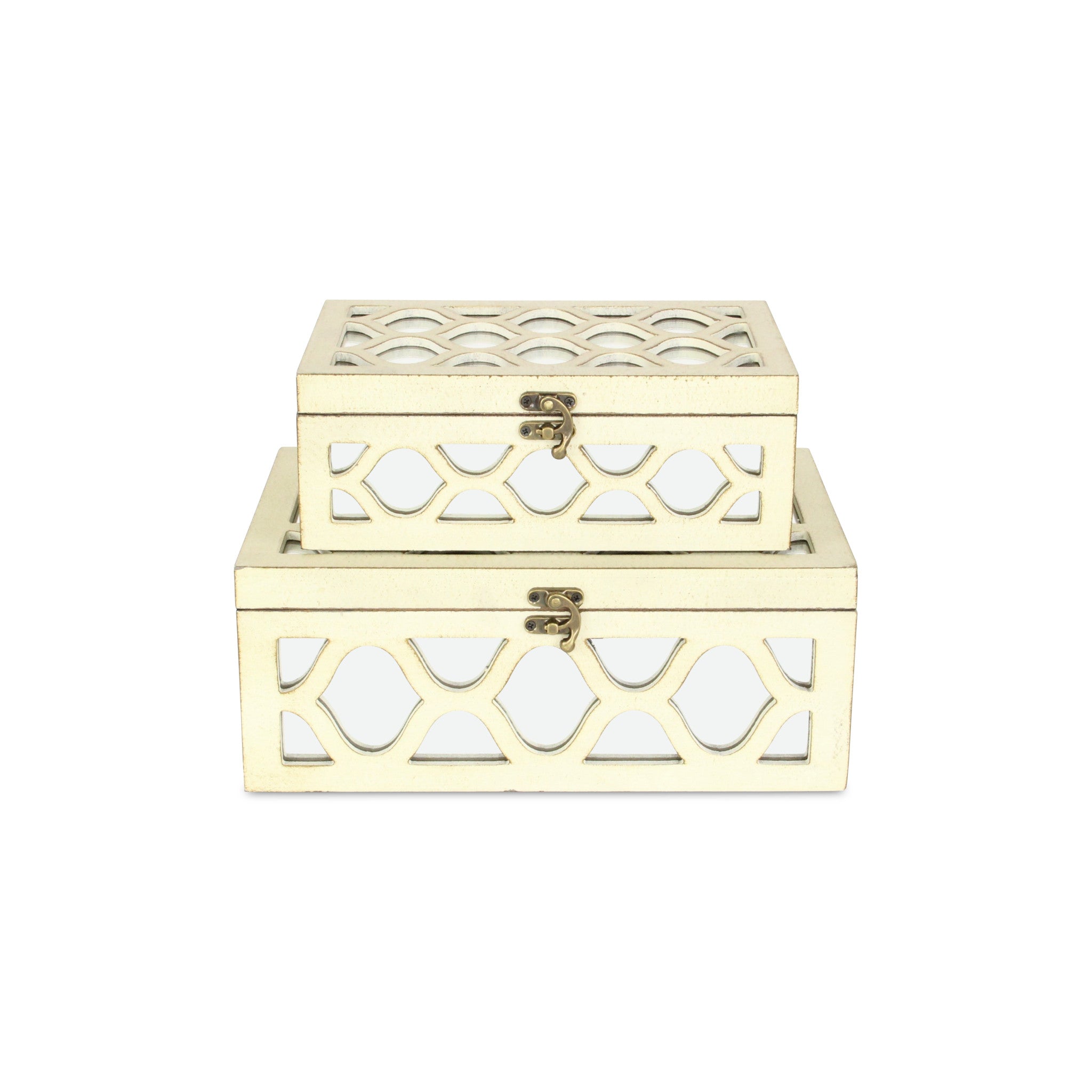 Set of White Quatrefoil Mirror Jewelry Storage Boxes